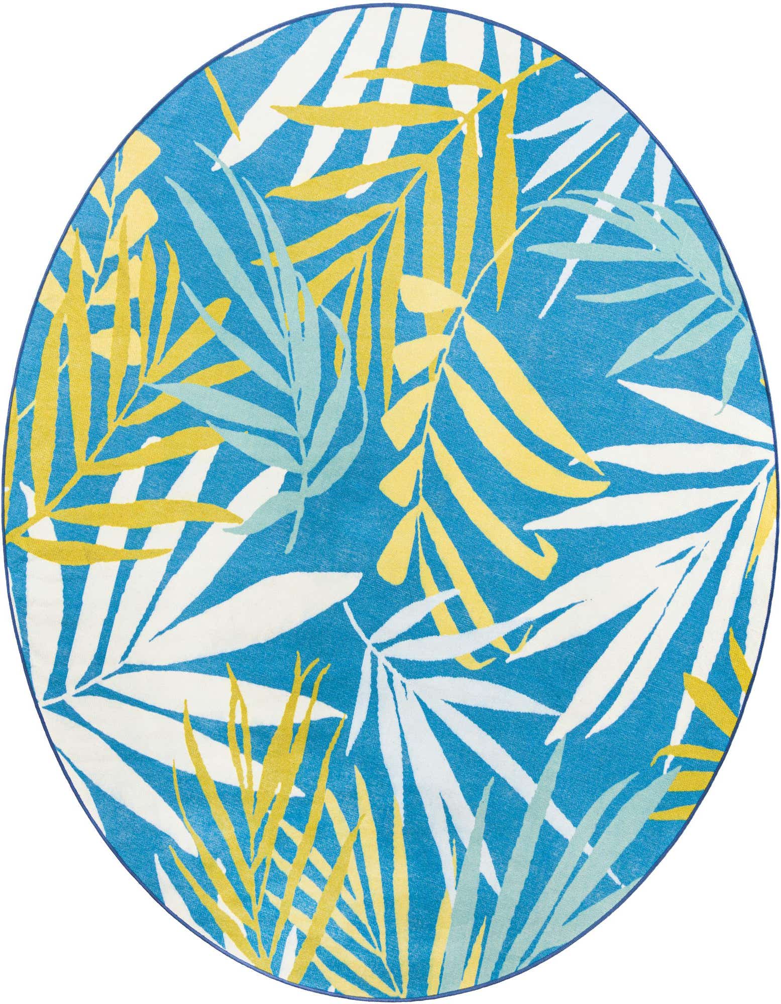 A round, blue tropical rug featuring large white, yellow, and light blue palm leaves, perfect for a patio.