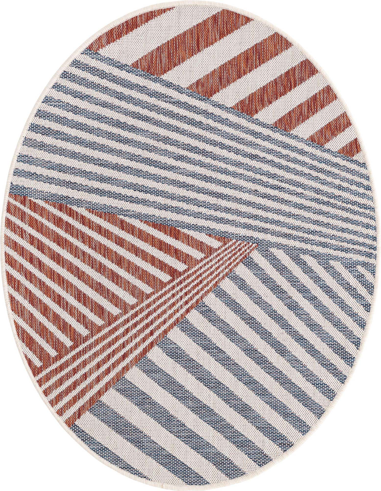 A round blue and terracotta striped rug with an eclectic, modern geometric pattern, suitable for indoor or outdoor use.