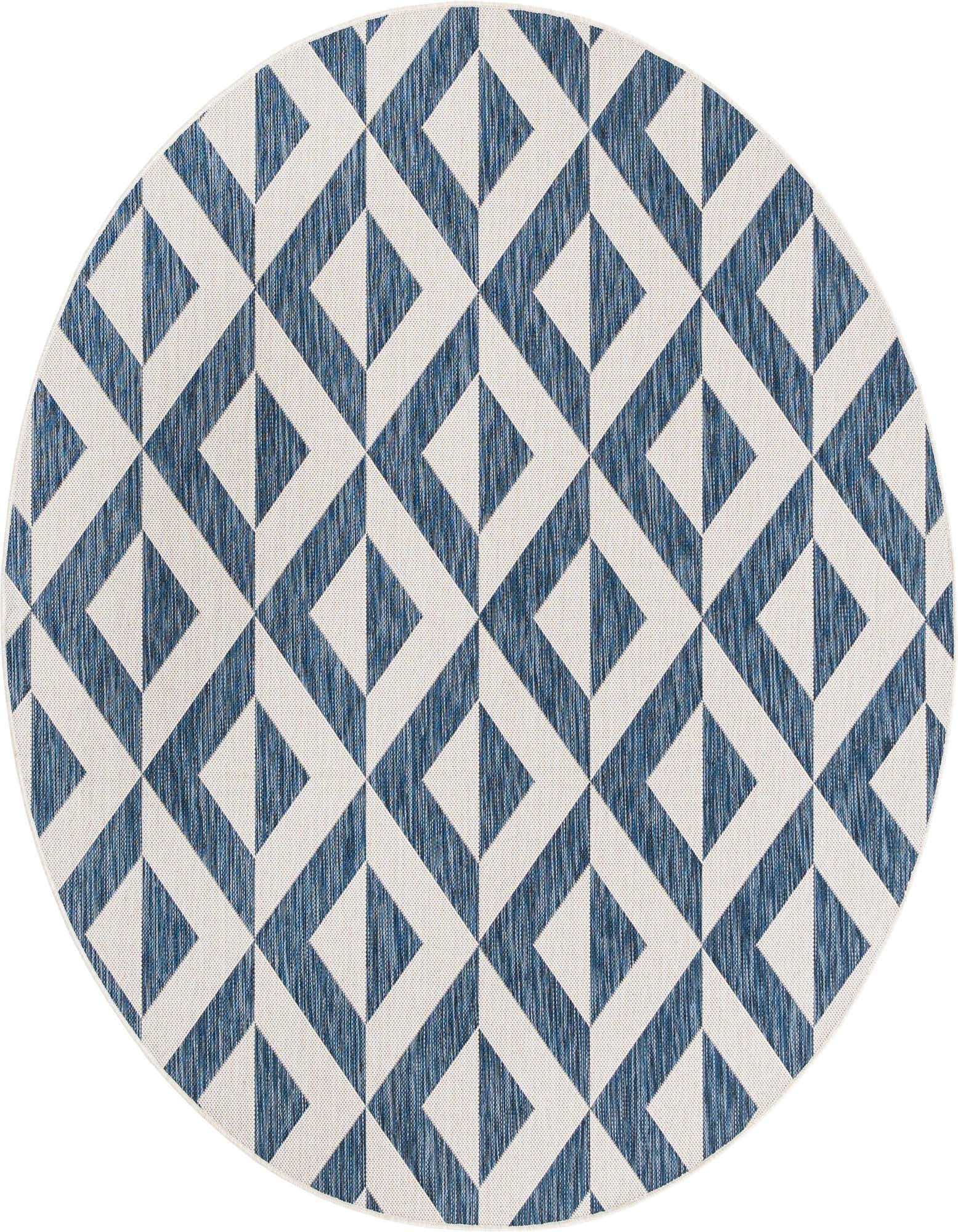 A round 6' 7 x 6' 7 blue and white geometric trellis rug, suitable for indoor or outdoor use.