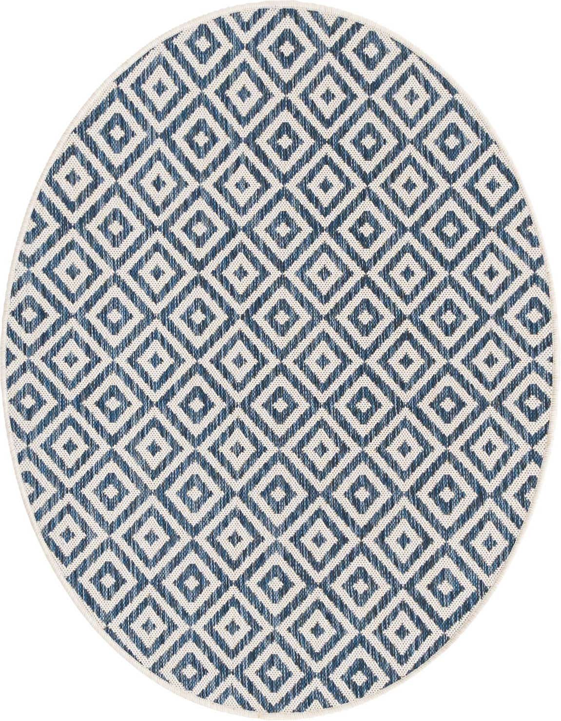 A 4' round blue and white Bohemian trellis rug with a textured flatweave, suitable for indoor or outdoor use.