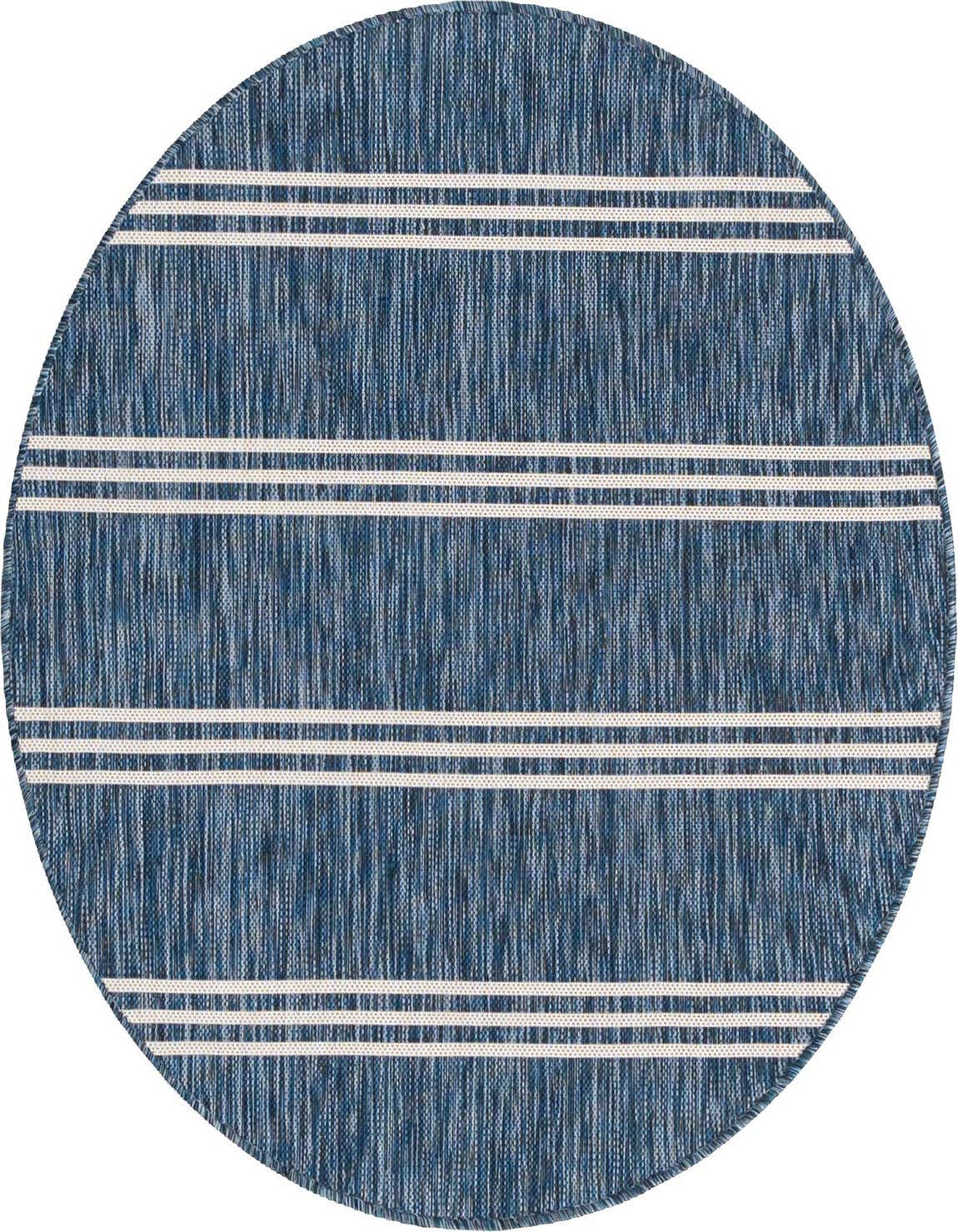 A round 4' 0 x 4' 0 blue indoor/outdoor rug with white horizontal stripes, ideal for a patio or deck.