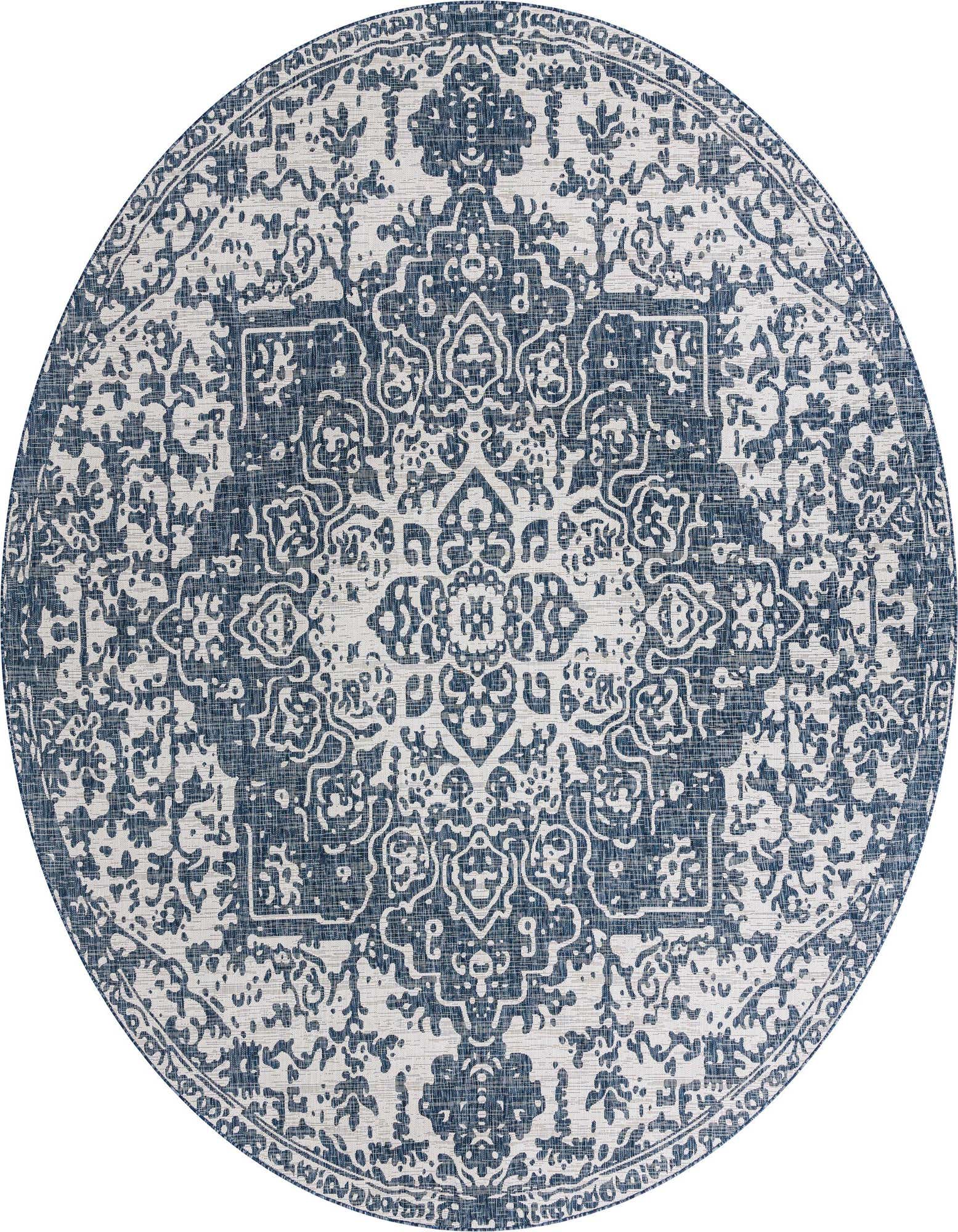 A 13' round blue and white medallion rug with a traditional pattern, suitable for indoor or outdoor use.