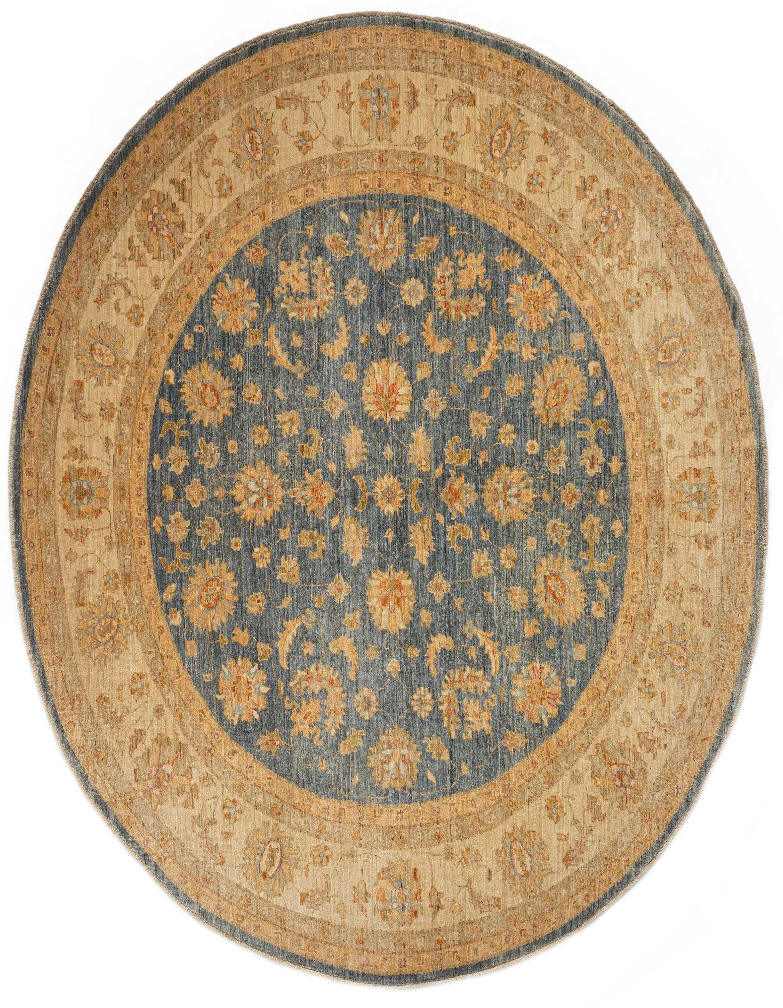 A round 8' blue Persian wool rug with an intricate floral pattern and a wide beige border.