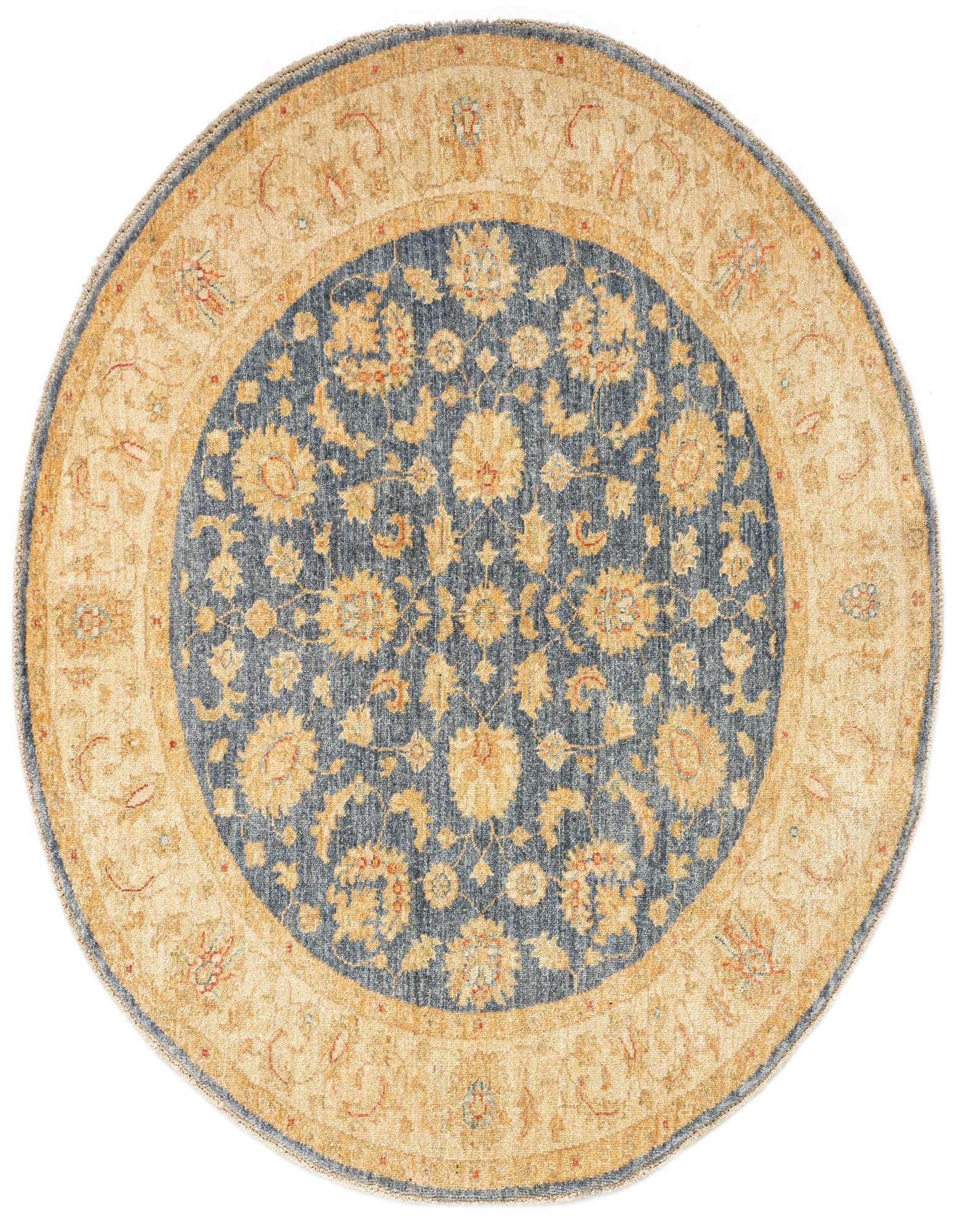 A 4' 10 x 4' 11 round Kaizar Persian rug featuring a deep blue center with intricate gold floral patterns, bordered by a wide golden band with complementary designs.