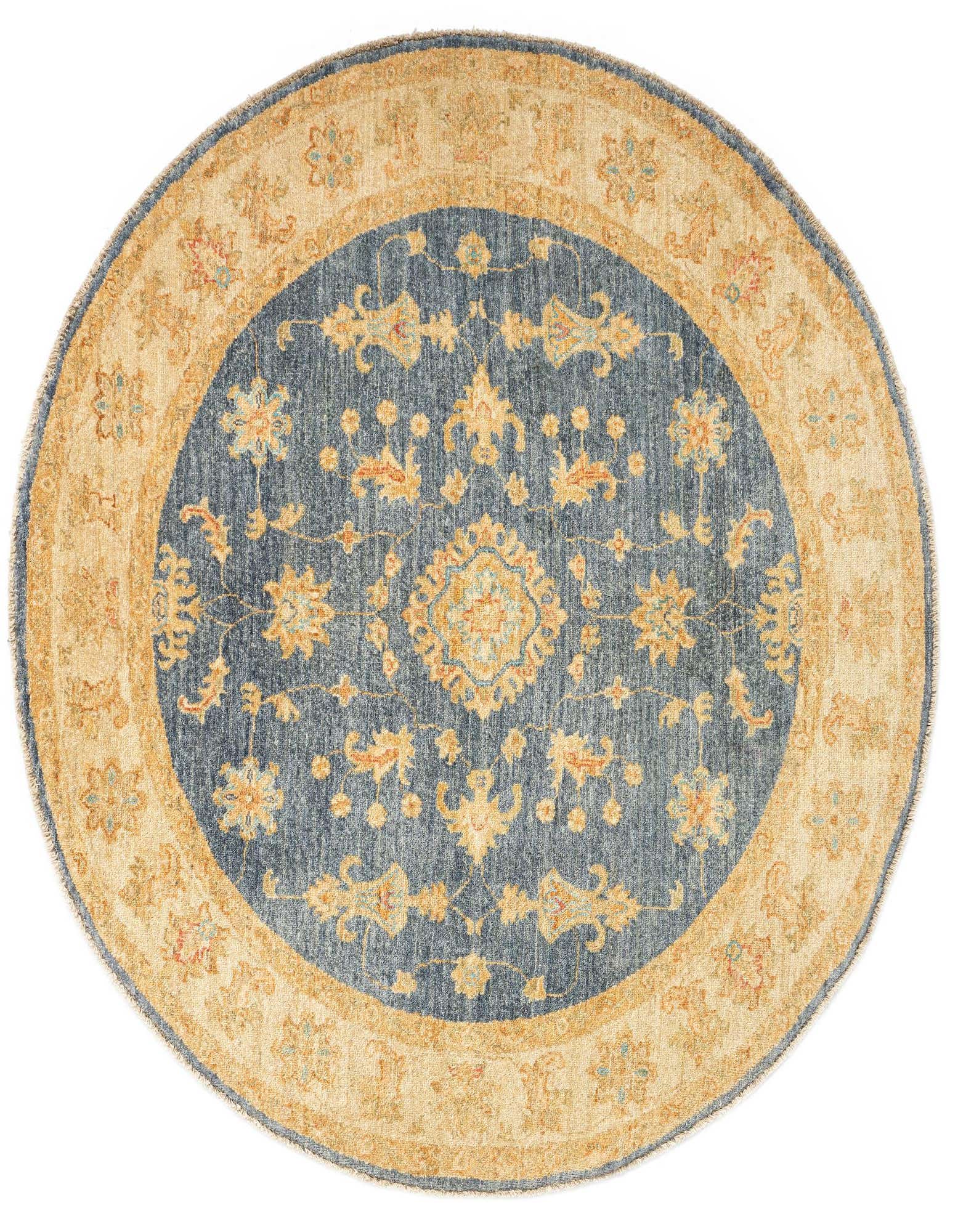 A round 4' 11 x 4' 11 Persian rug featuring a deep blue center with intricate gold and light blue floral patterns, bordered by a wide golden band with complementary designs.