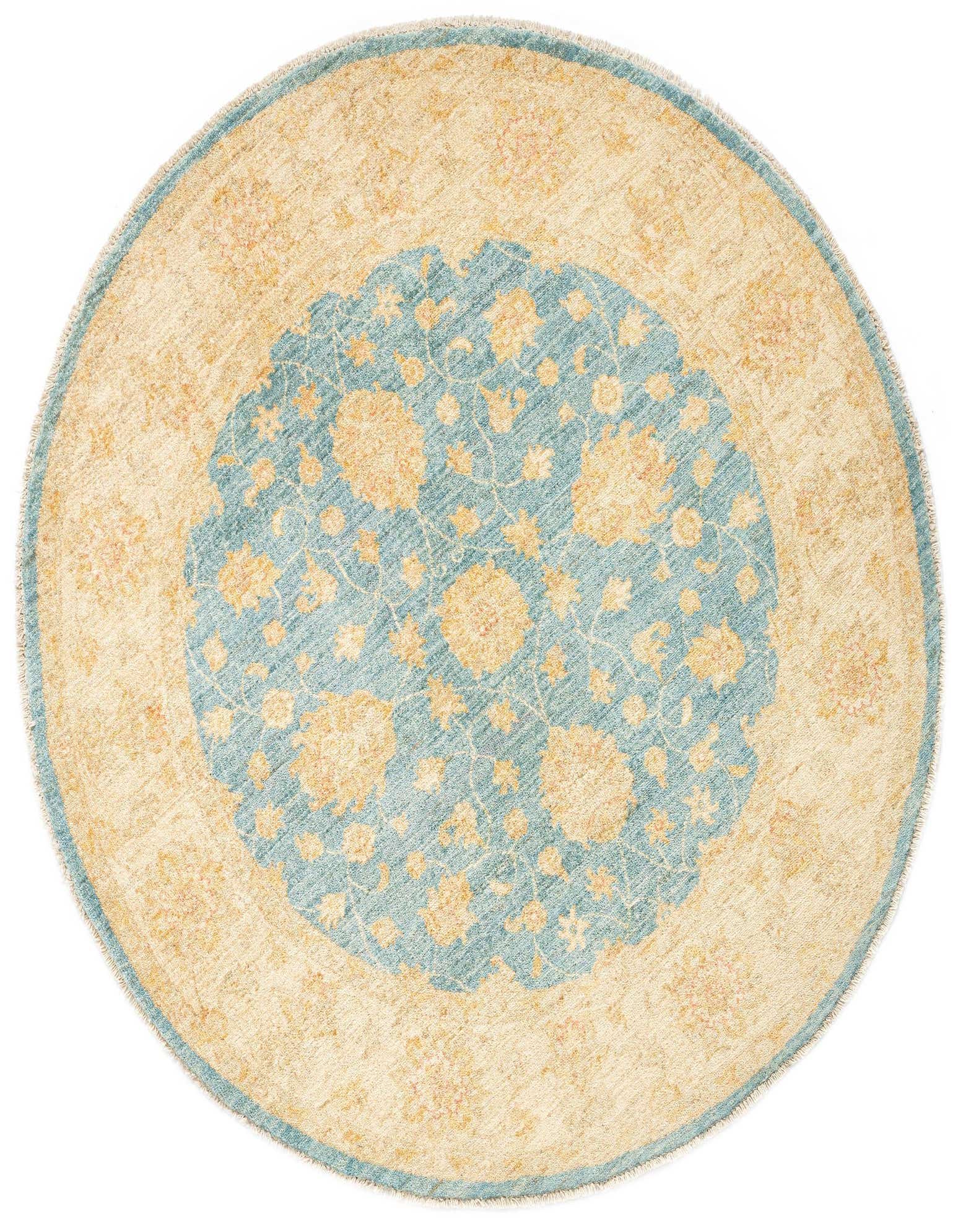 A round 4' 11 x 4' 11 Persian wool rug featuring a central blue medallion with yellow floral patterns, surrounded by a cream border.