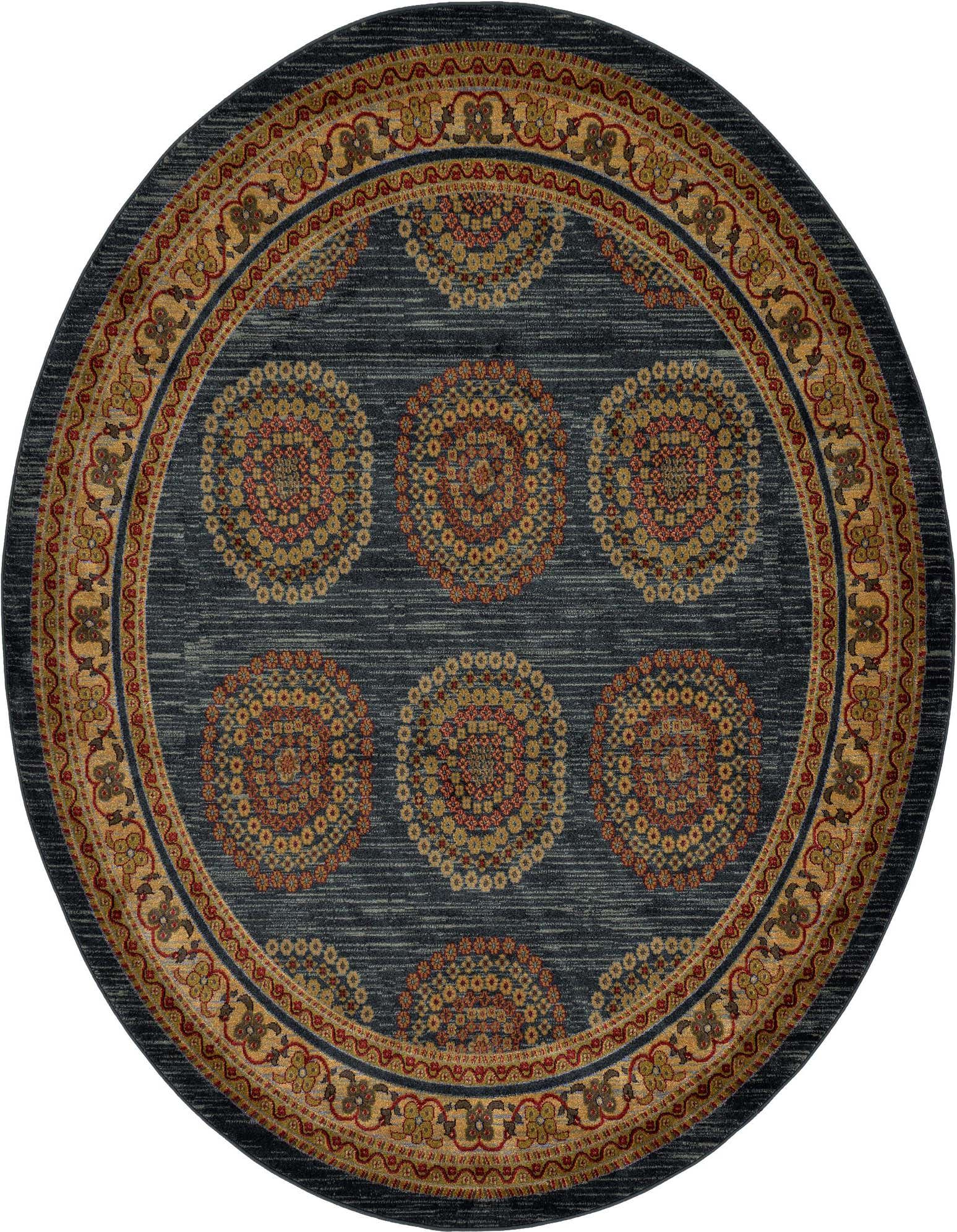 A round 8' blue Kashkuli Gabbeh rug featuring a central medallion pattern with tribal motifs in gold, red, and cream.