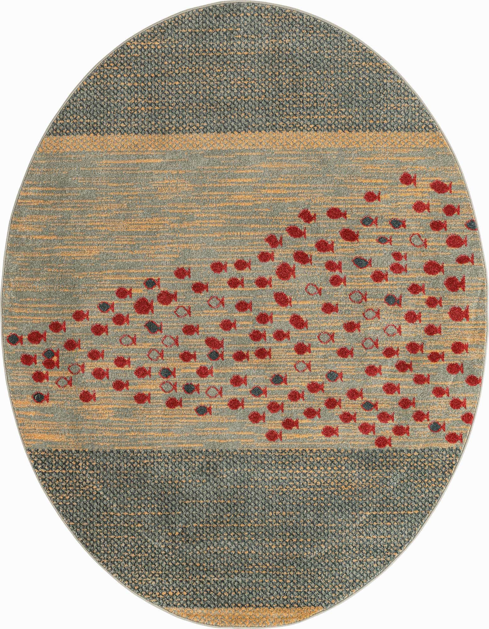 A round blue rug featuring a school of red and dark blue fish swimming across a striped beige and blue background, with solid blue borders.