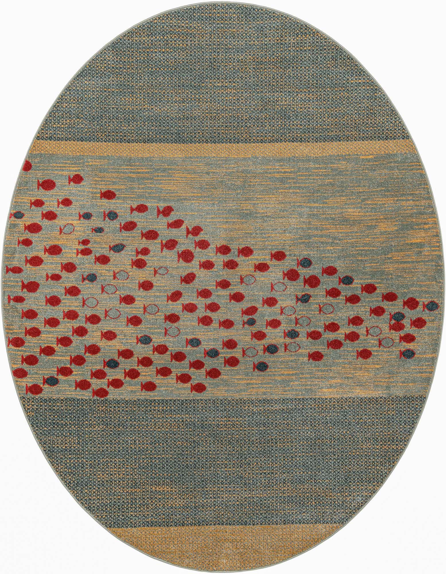 A large round blue rug with a school of red and dark blue fish swimming across a light blue and gold striped center.