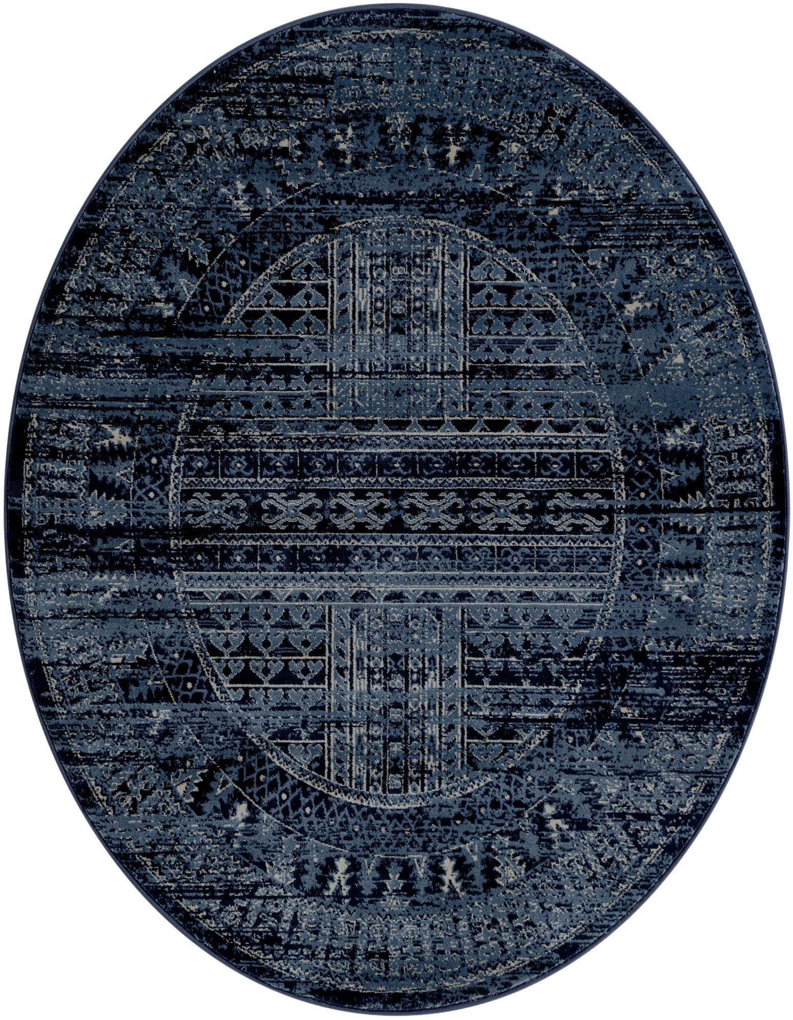 A 5' 0 x 5' 0 round blue Southwestern rug featuring an abstract, distressed pattern with traditional motifs.