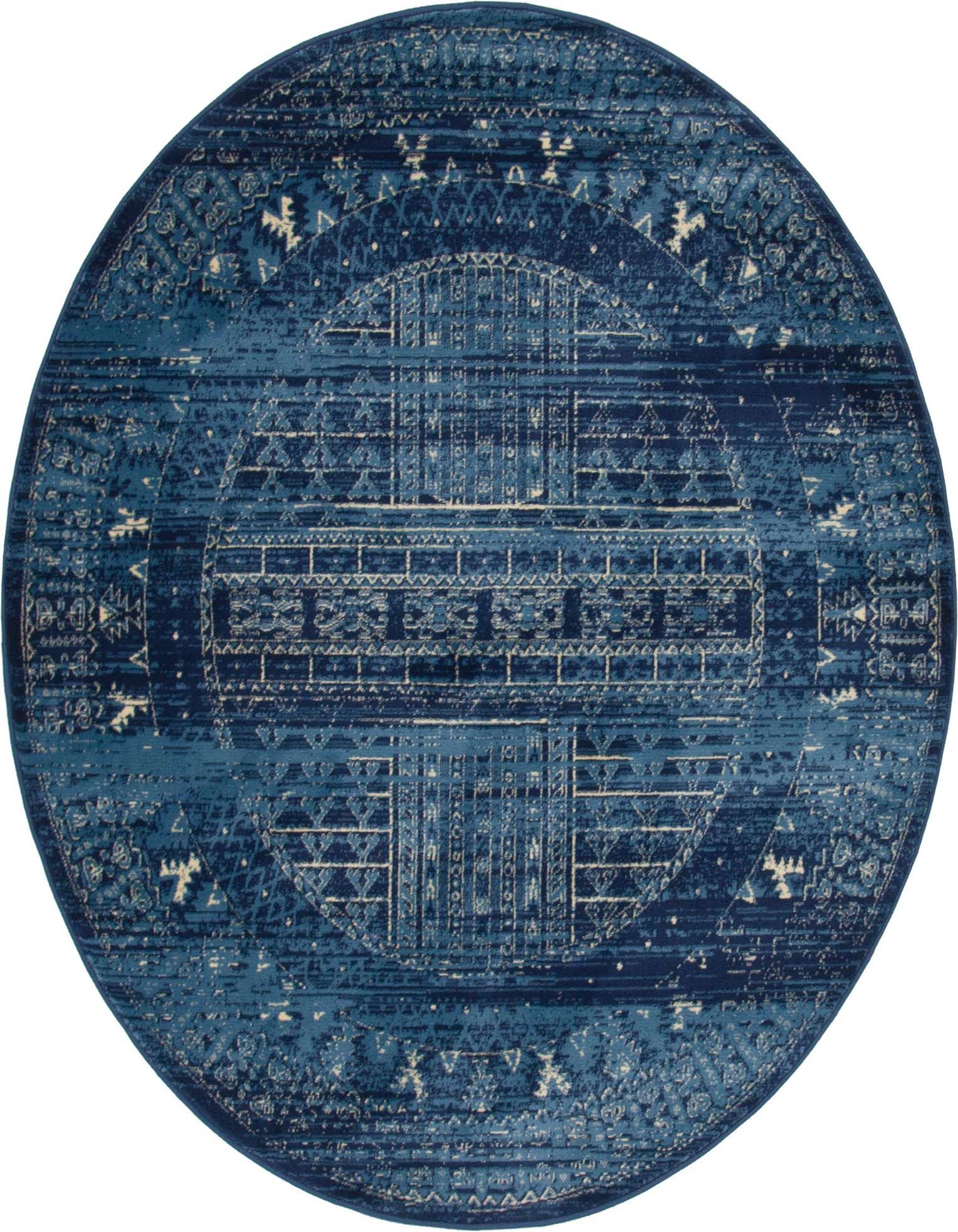 A 3' 3 x 3' 3 round Kennedy rug in various shades of blue with a distressed Southwestern and traditional pattern.