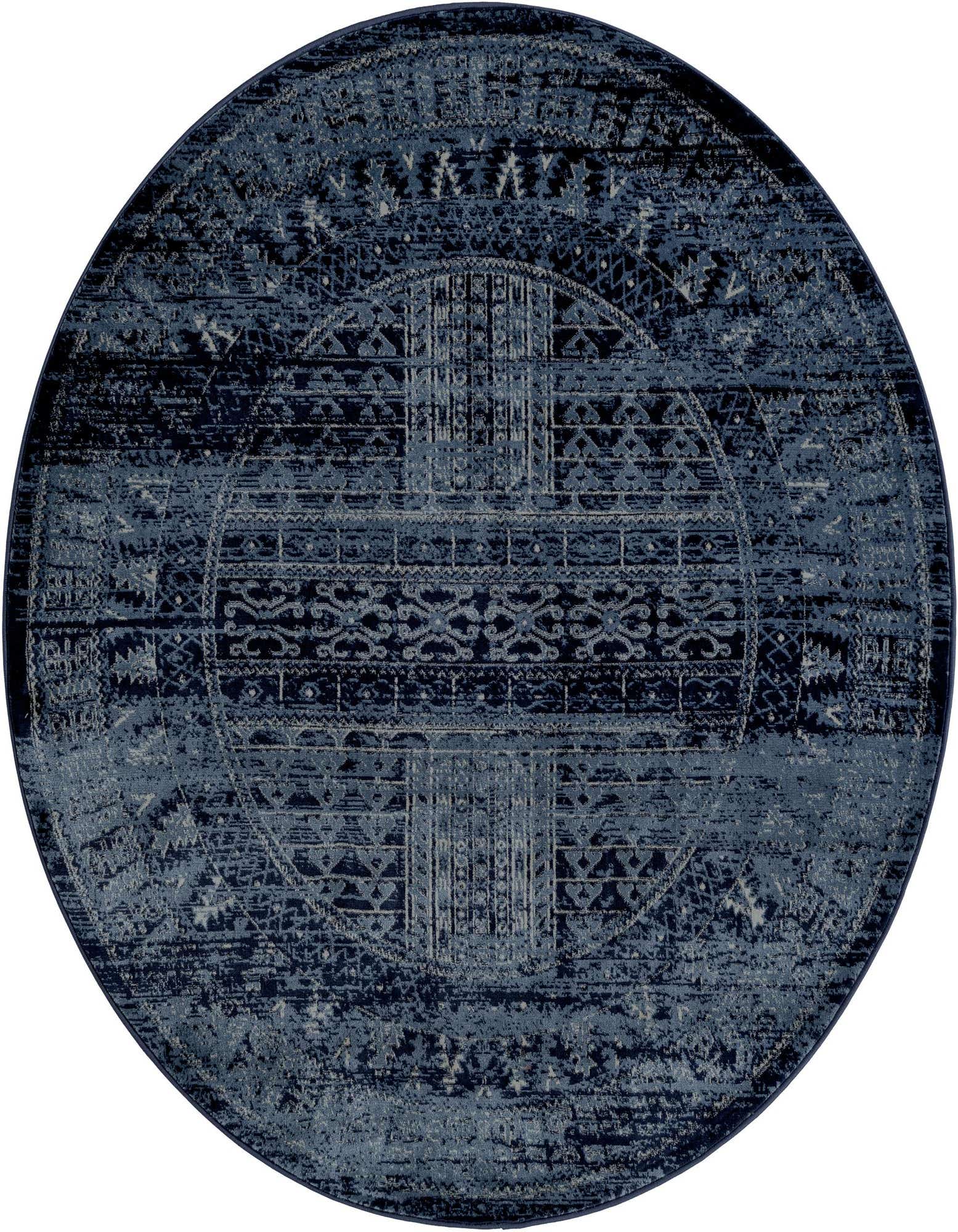A 6' round blue polypropylene rug with a distressed, intricate geometric pattern, suitable for indoor use.