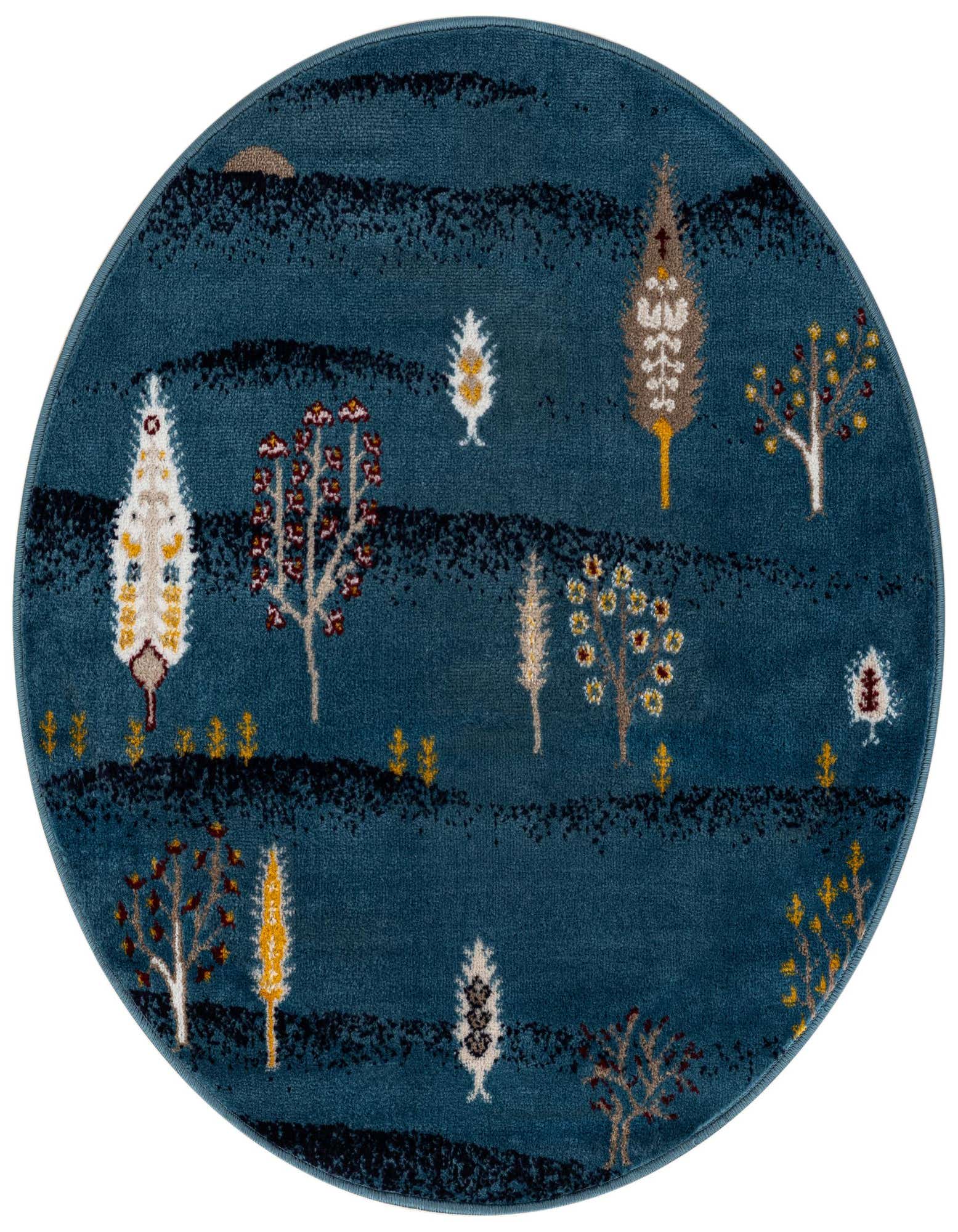 A round blue rug featuring a tribal-inspired forest pattern with stylized trees in various colors like cream, gold, and red.