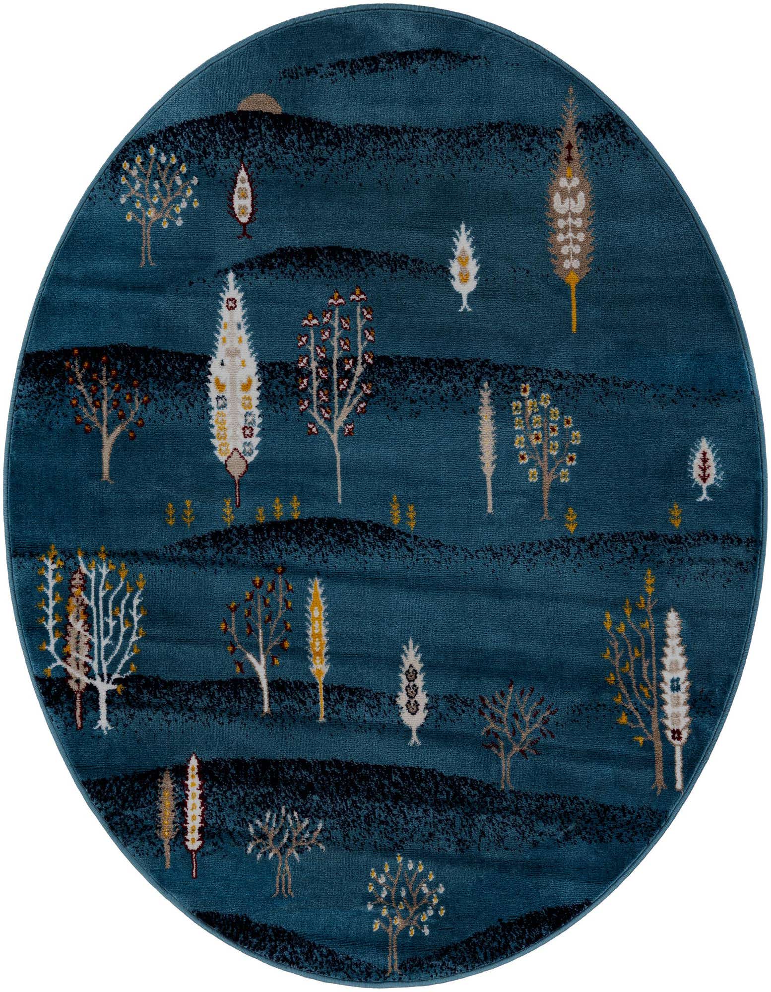 A round 5' 3 x 5' 3 blue tribal rug featuring a modern forest pattern with various stylized trees in white, gold, and brown.