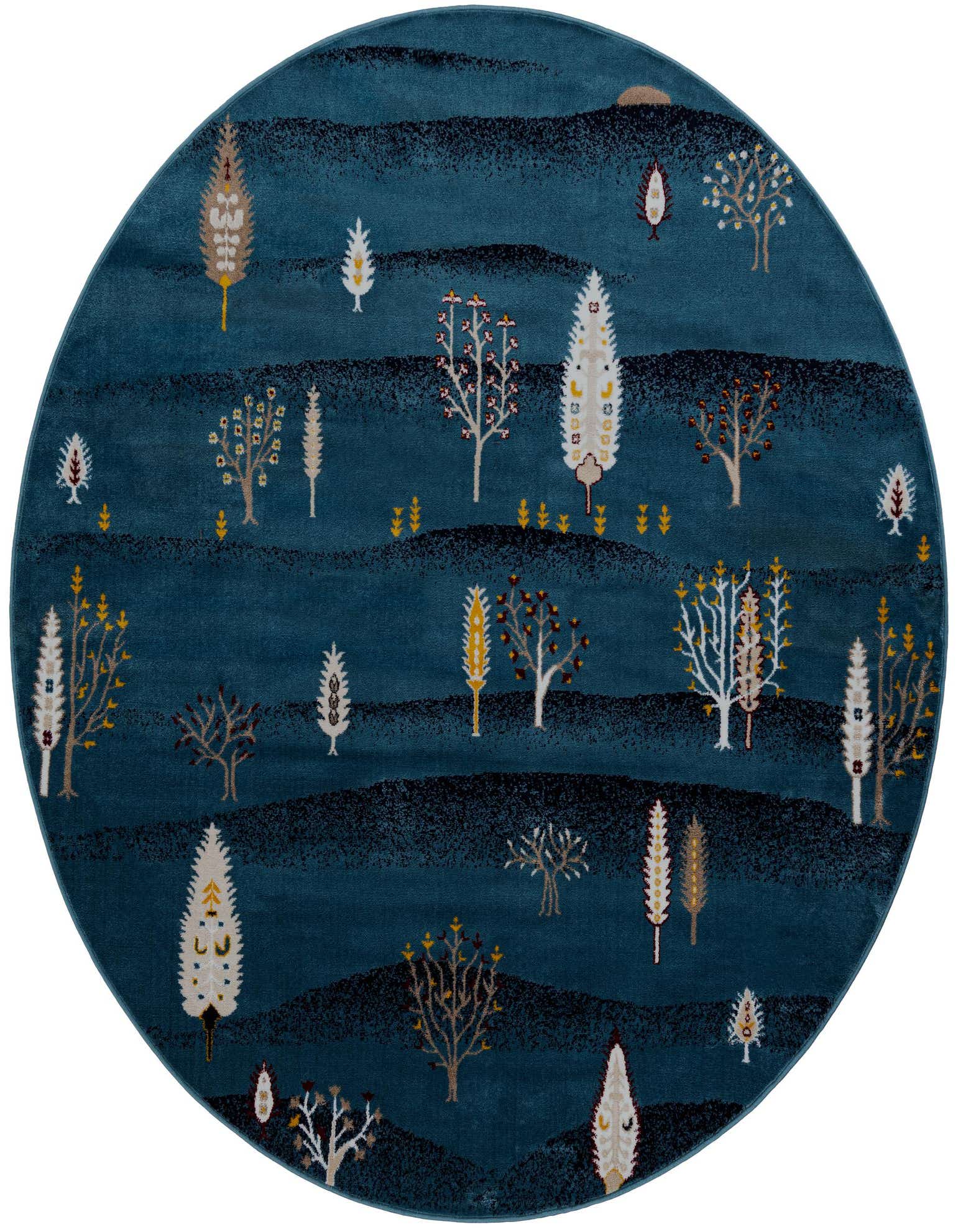 A round blue tribal rug featuring a whimsical forest pattern with various stylized trees in white, brown, and yellow.