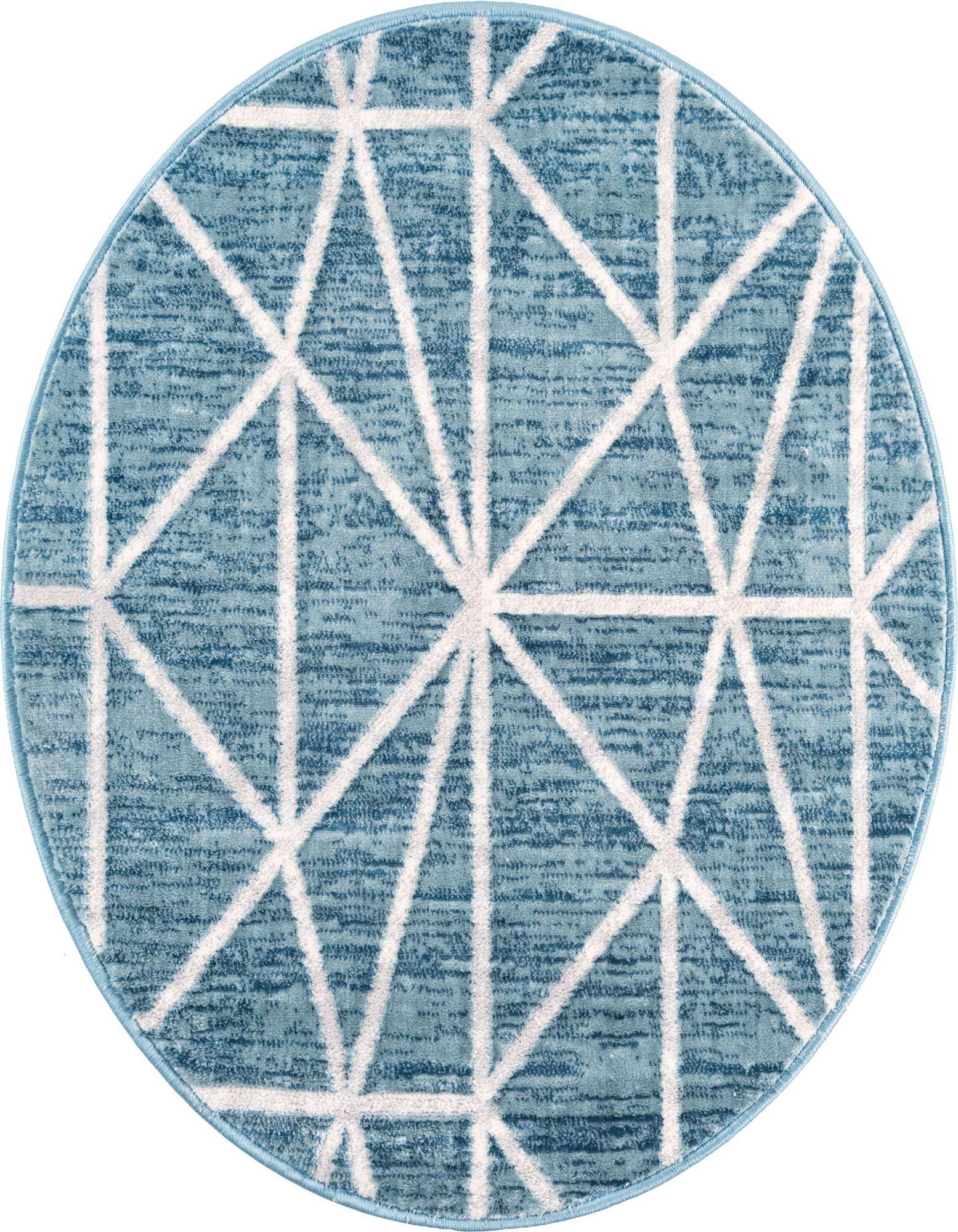 A 3' 3 x 3' 3 round blue rug with a white geometric trellis pattern, featuring a textured pile.