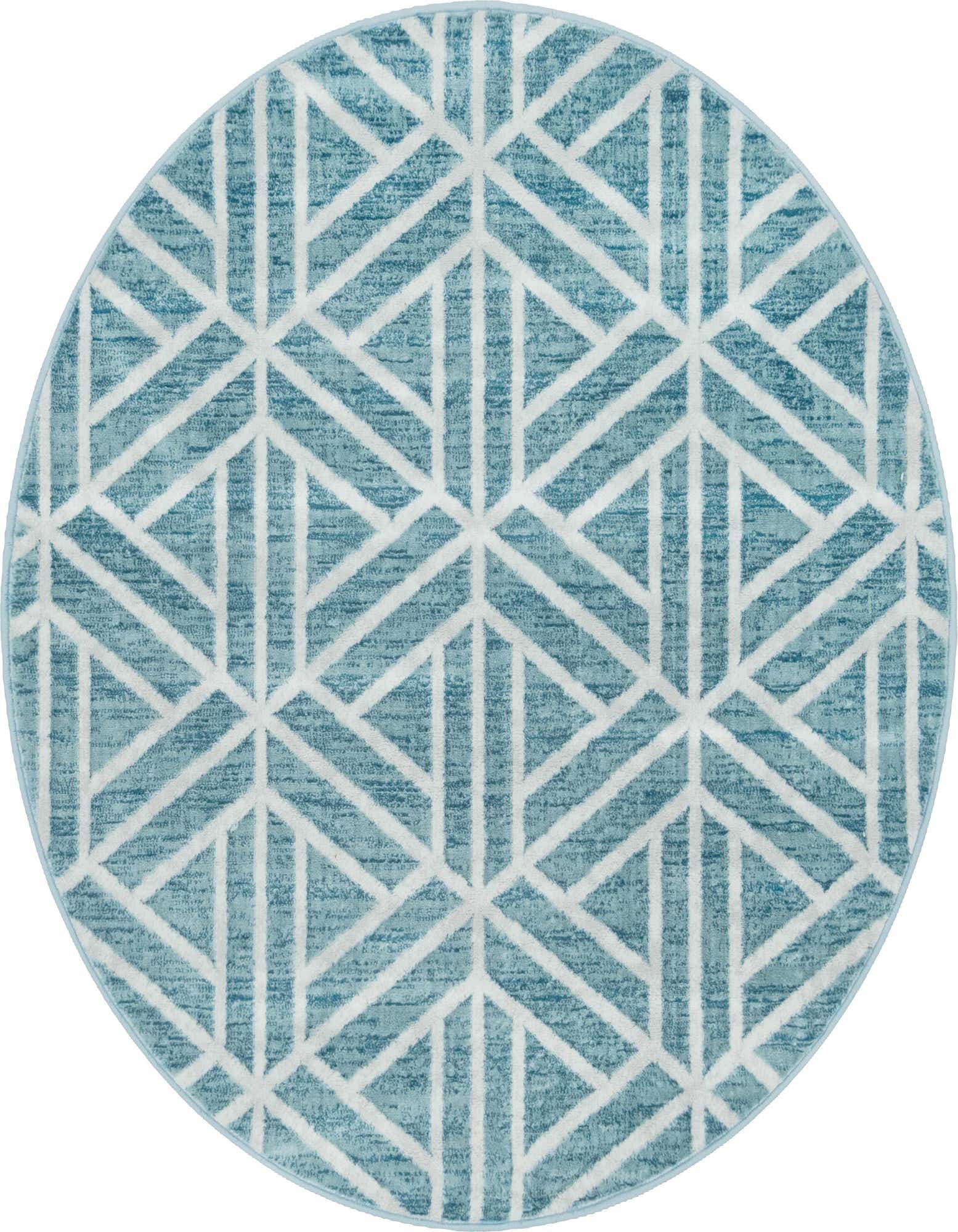A round 5' 0 x 5' 0 blue and white Lattice Trellis rug with a geometric pattern.