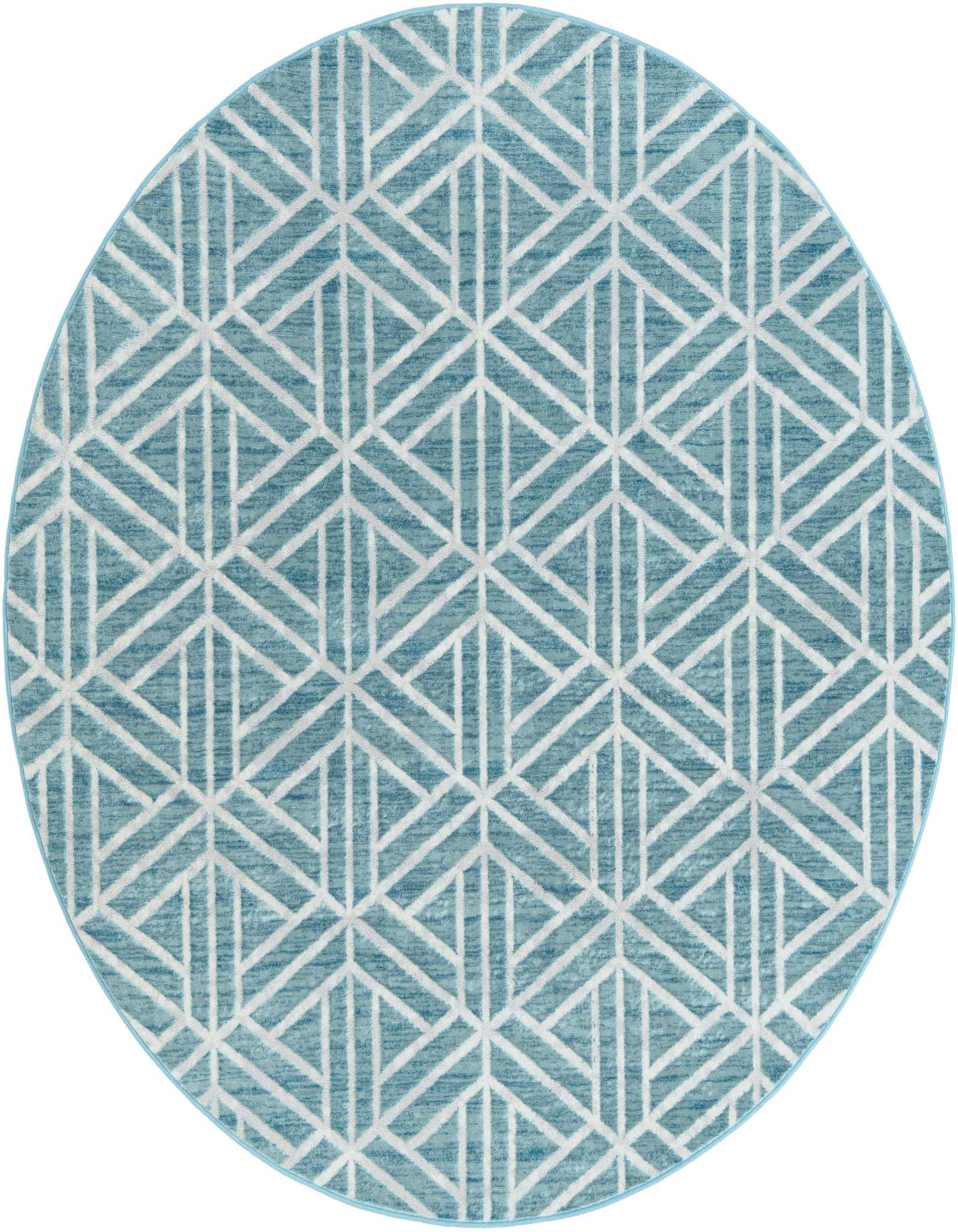 A round blue area rug featuring a repeating geometric trellis pattern in lighter blue, suitable for an indoor living space.