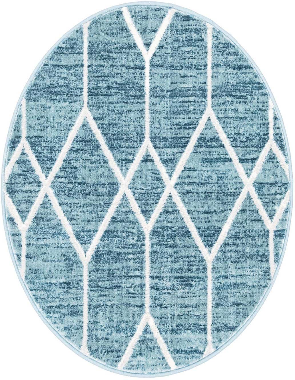 A round blue rug with a white geometric trellis pattern, featuring a textured pile and light blue border.
