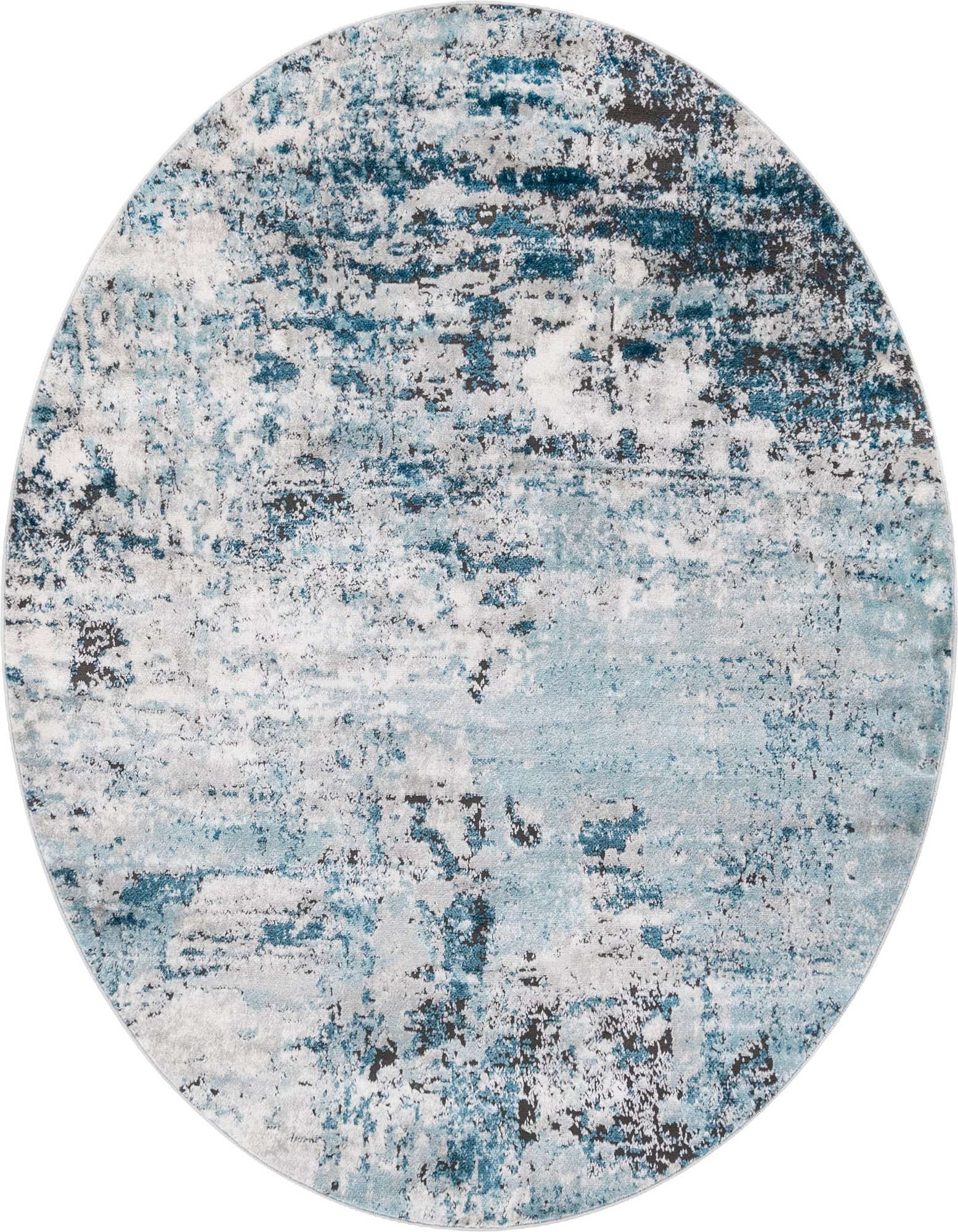 A 6' round Leipzig rug from Rugs.com, featuring an abstract pattern in various shades of blue, grey, and white.