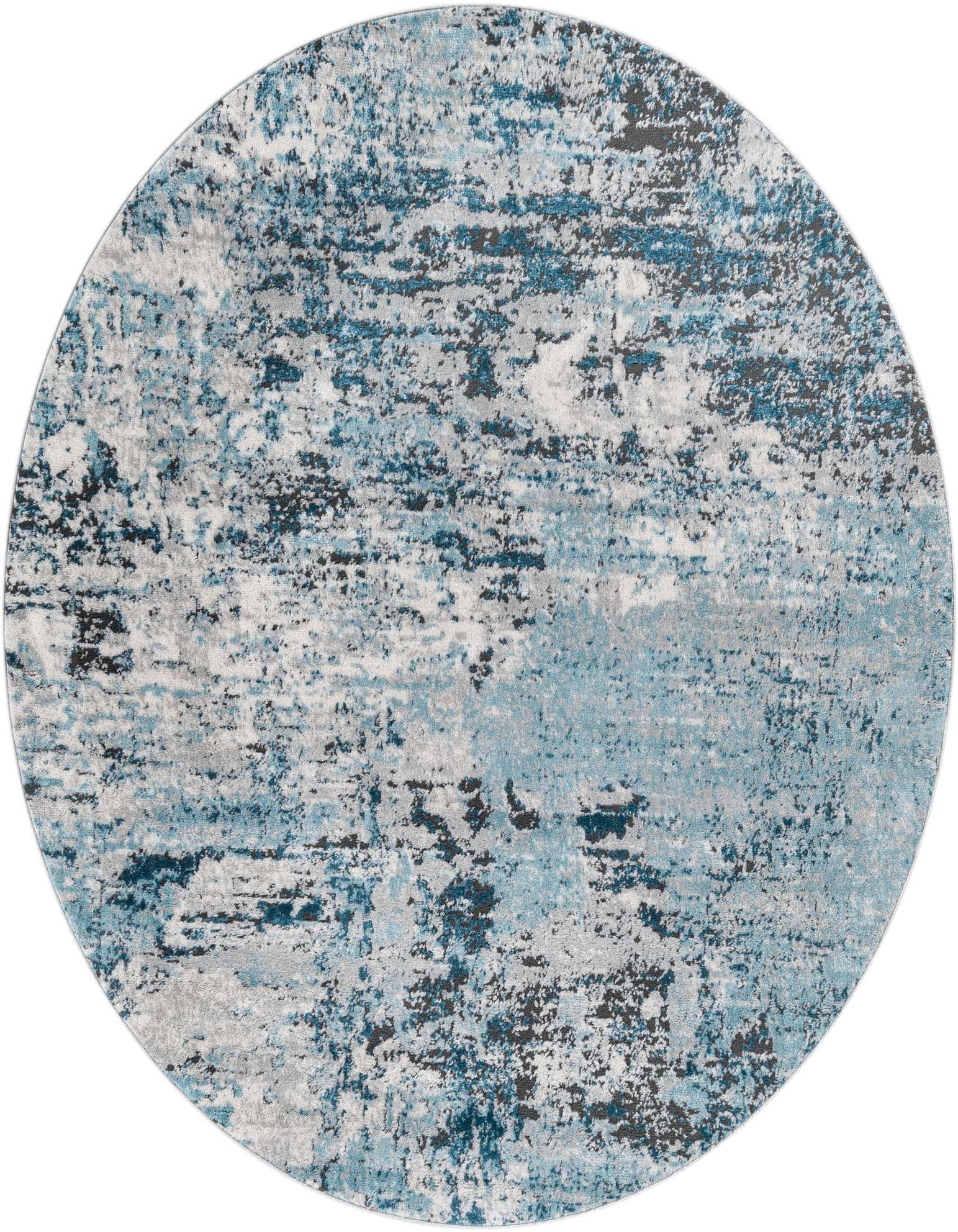 A round 5' 3 x 5' 3 blue, grey, and white abstract rug with a modern coastal design.