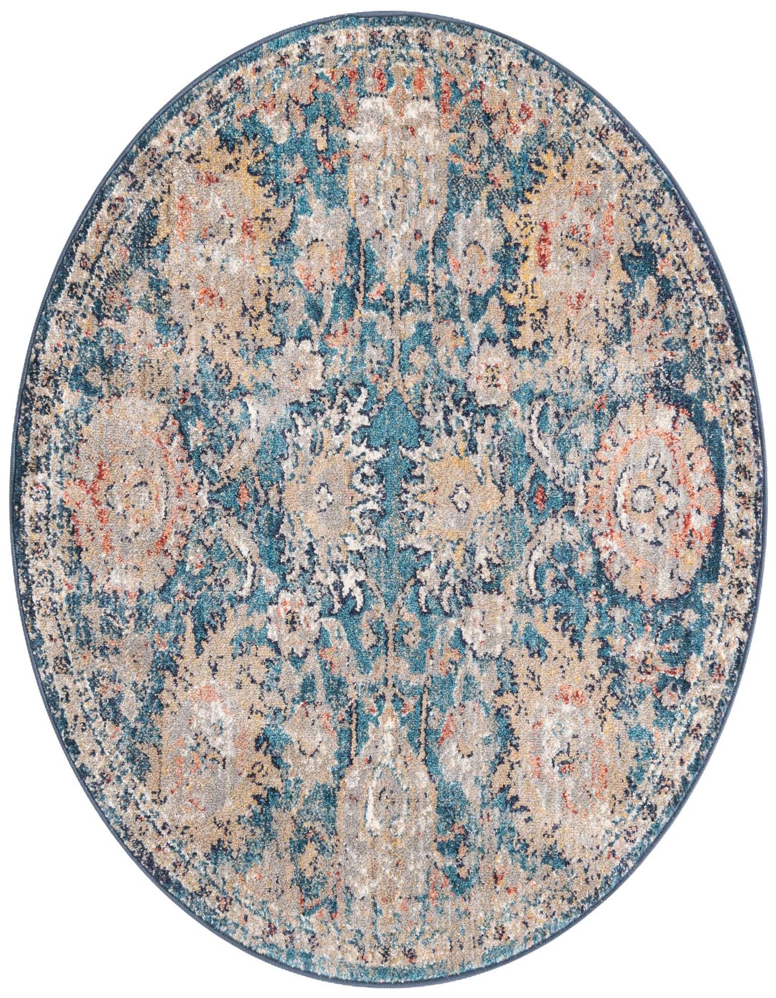 A round 4' 0 x 4' 0 Lola rug featuring a distressed traditional floral pattern in shades of blue, beige, and subtle orange.