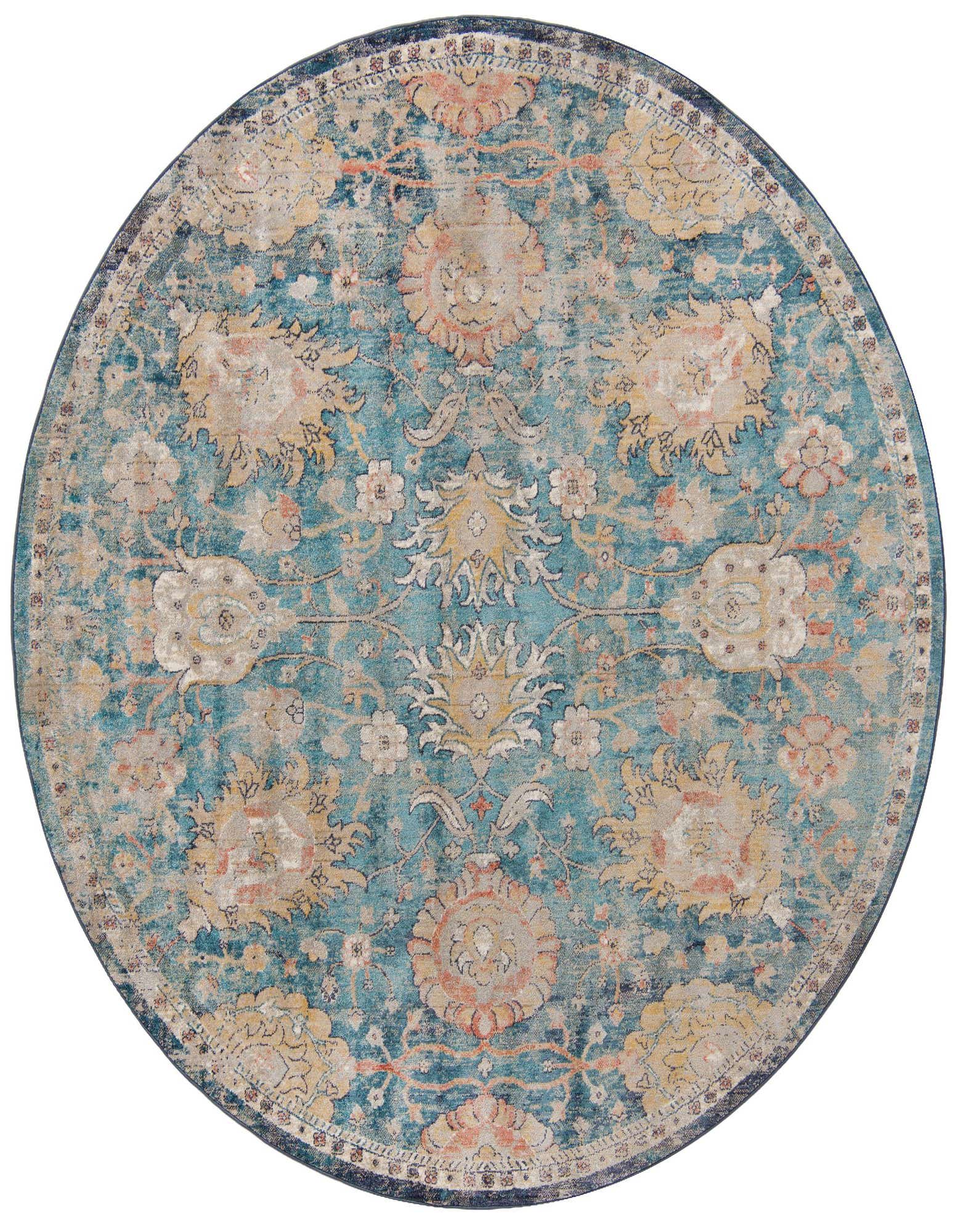A round 7' 10" blue area rug featuring a distressed traditional floral and oriental pattern in shades of cream, gold, and muted orange.