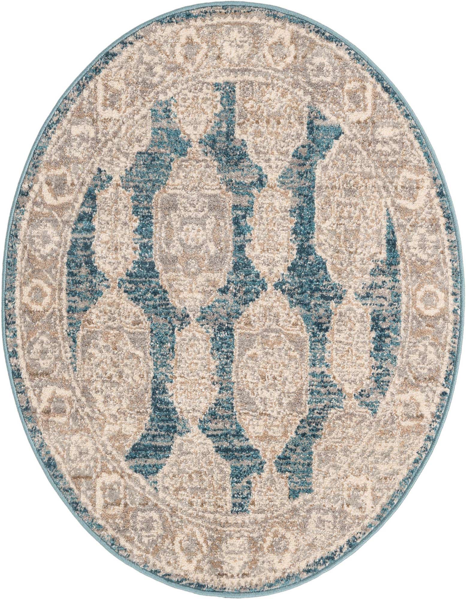 A 3' 3 round Lola rug with a distressed blue and beige Oriental pattern, featuring a thin pile and blue border.