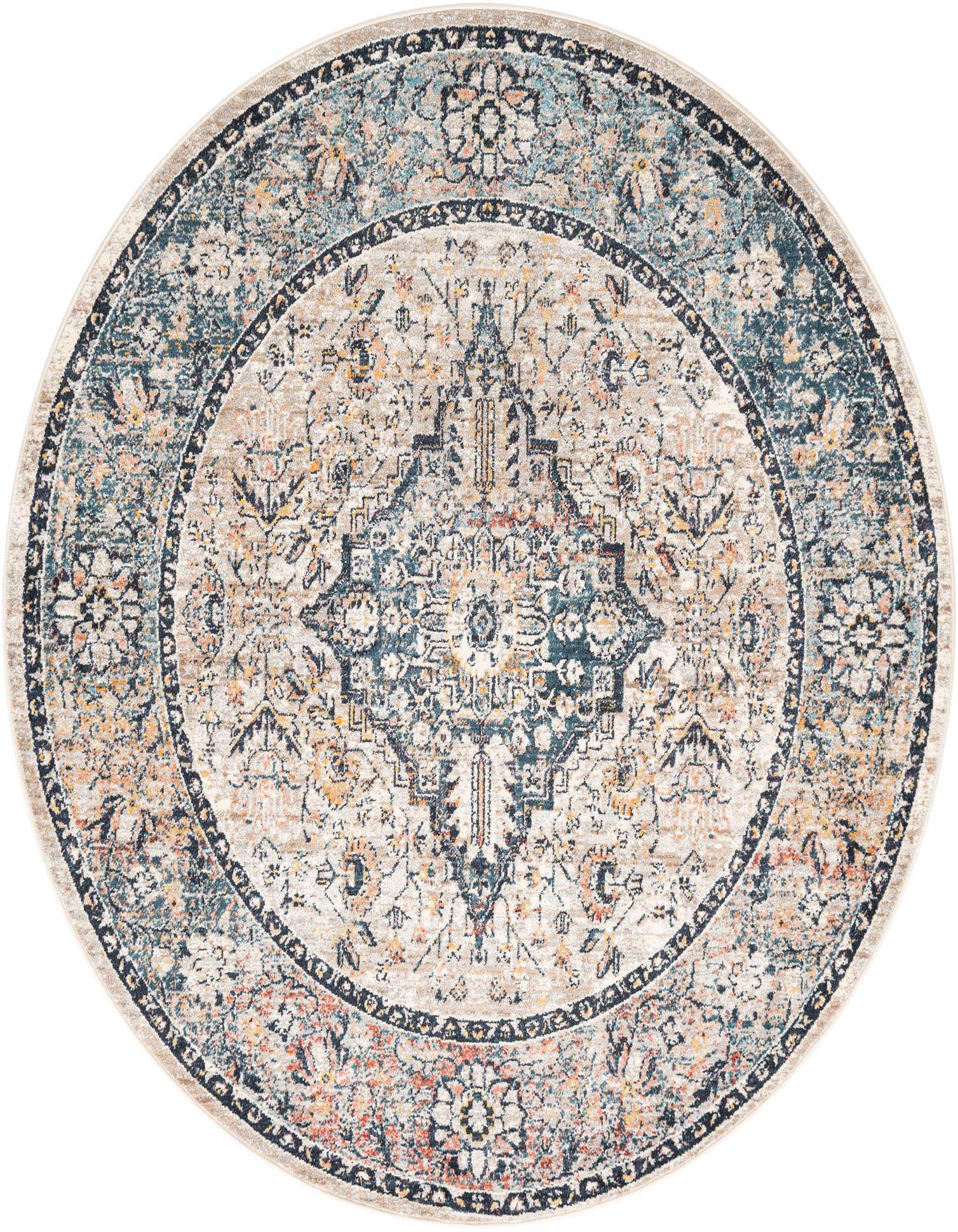 A 6' round blue and beige polypropylene rug with an intricate medallion pattern, suitable for indoor use.