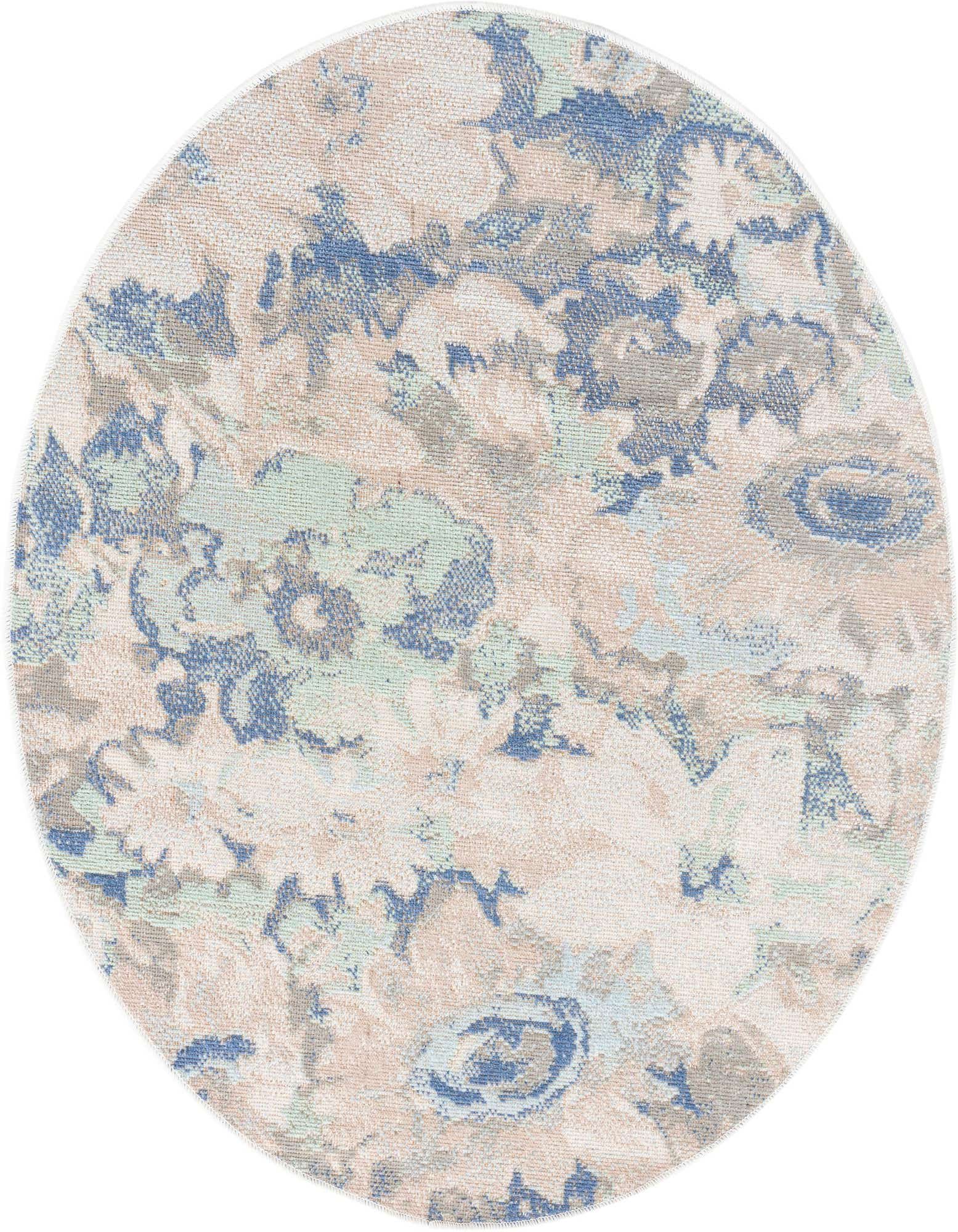 A 3' 3 x 3' 3 round Lotus rug with a modern floral pattern in various shades of blue, beige, and light green.