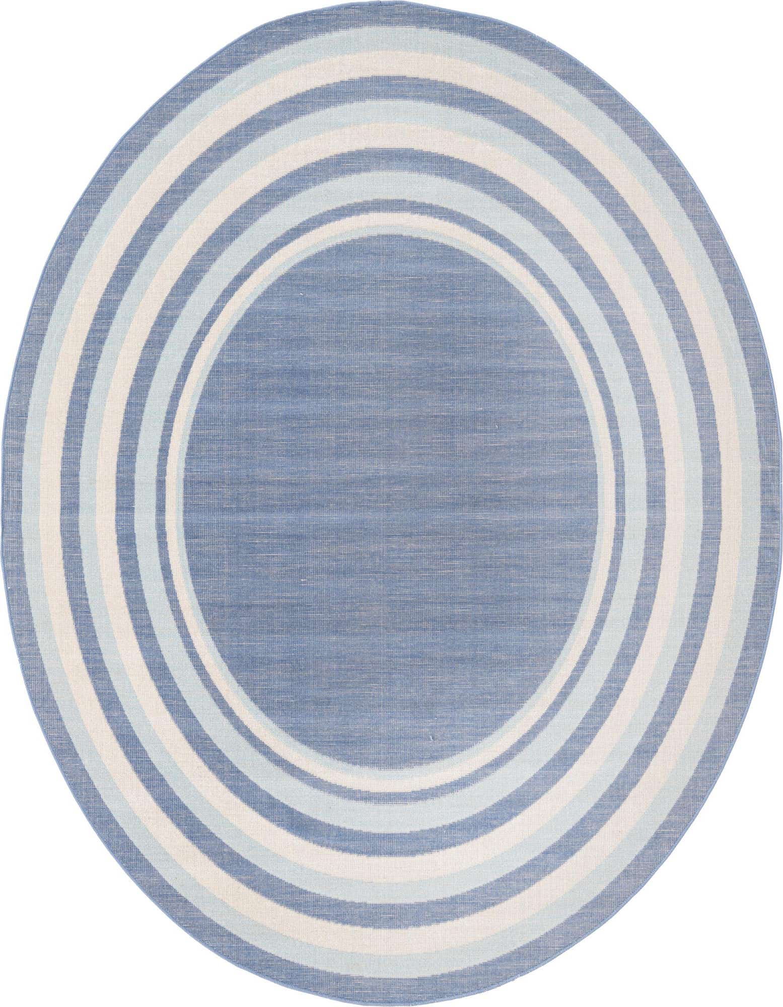 A 7' round blue rug with concentric light blue and cream stripes, showcasing a modern coastal design.