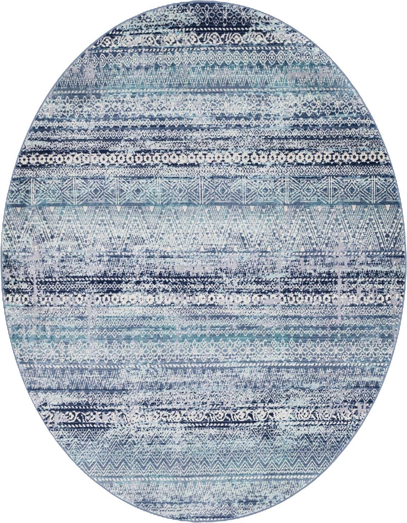 A round blue area rug featuring an urban, striped pattern with various shades of blue and white geometric designs.