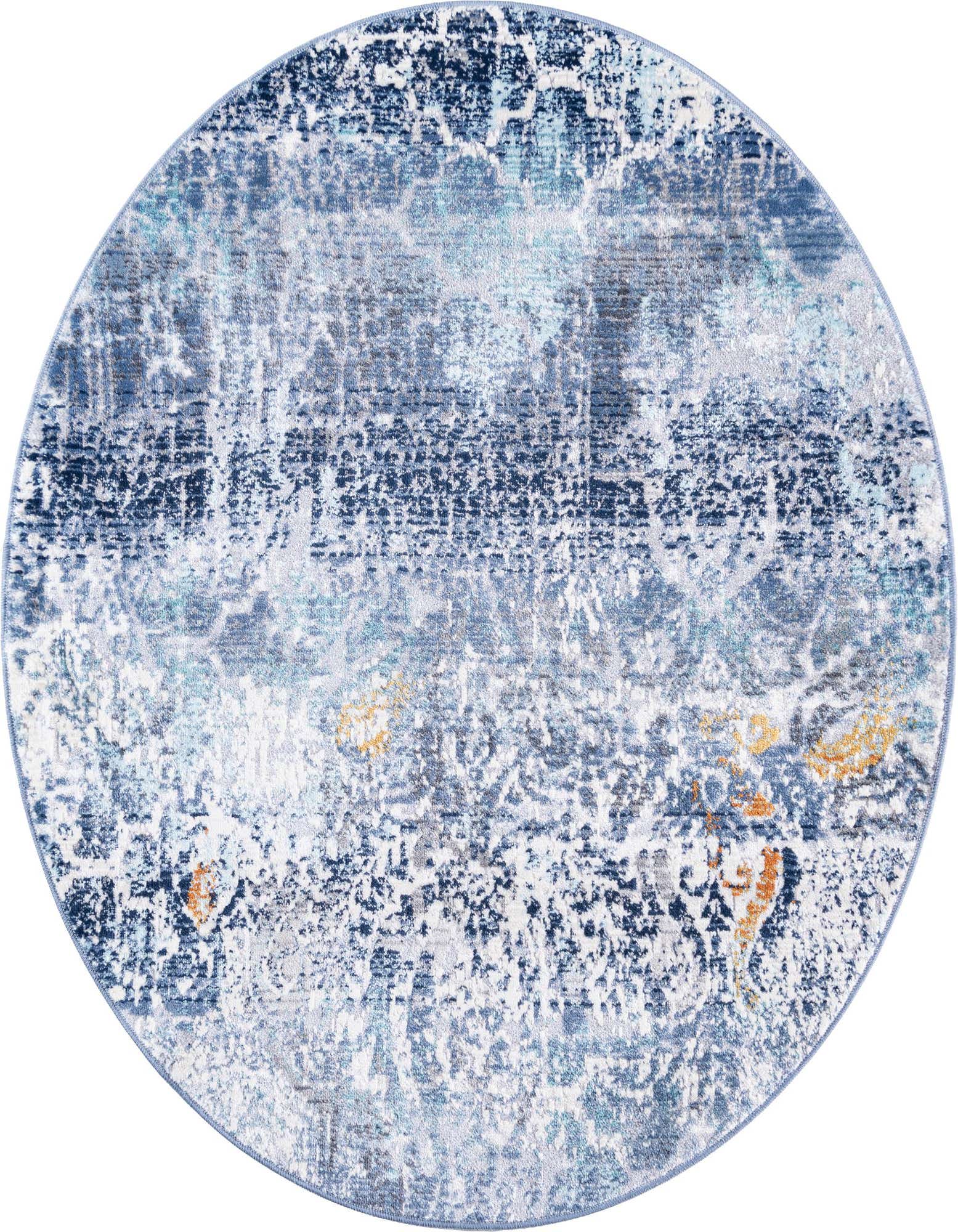 A 3' 7 x 3' 7 round Malibu rug featuring an abstract bohemian pattern in various shades of blue with hints of white and subtle orange accents.