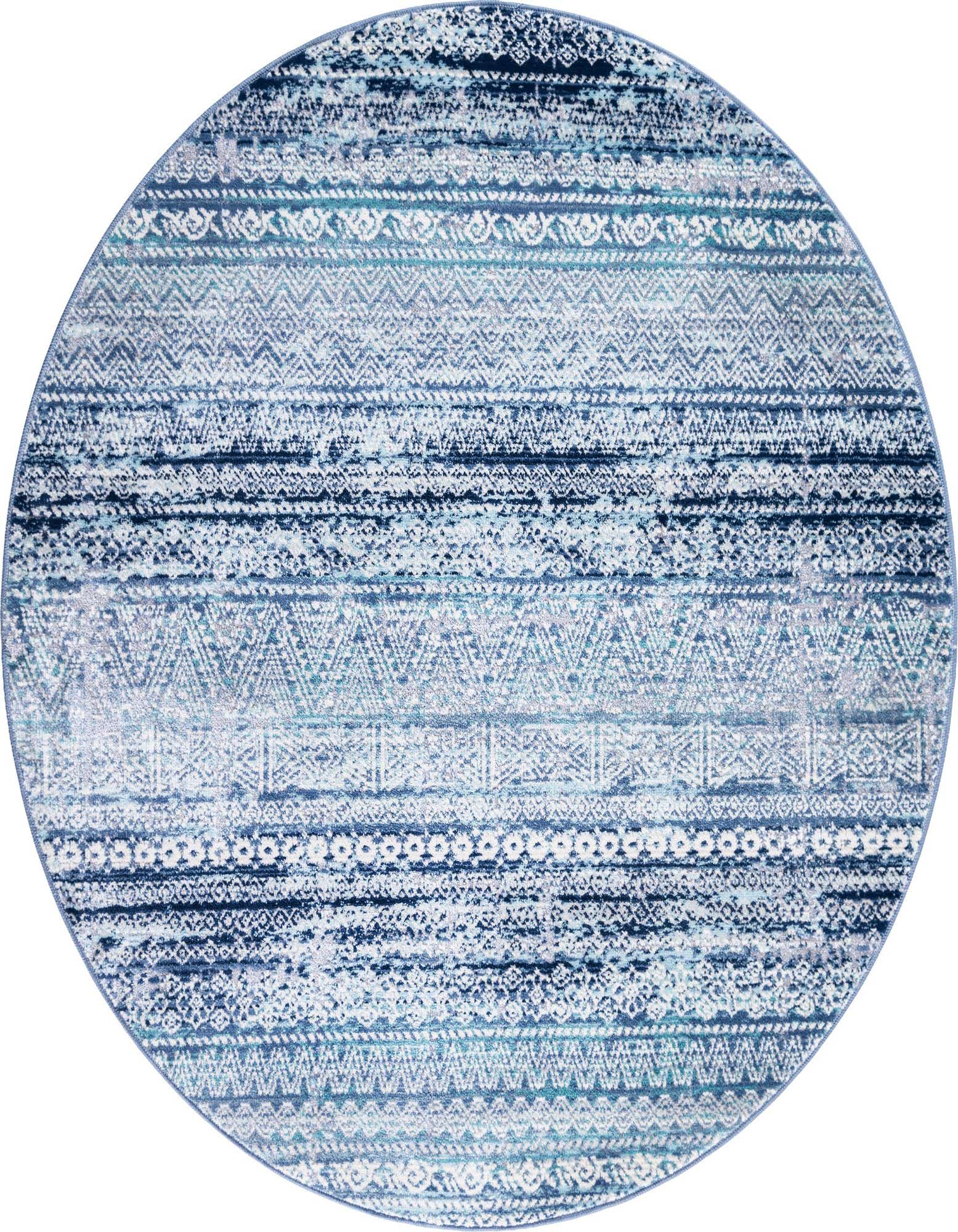 A 3' 7 round blue area rug with a distressed tribal stripe pattern, featuring shades of navy, light blue, and white.