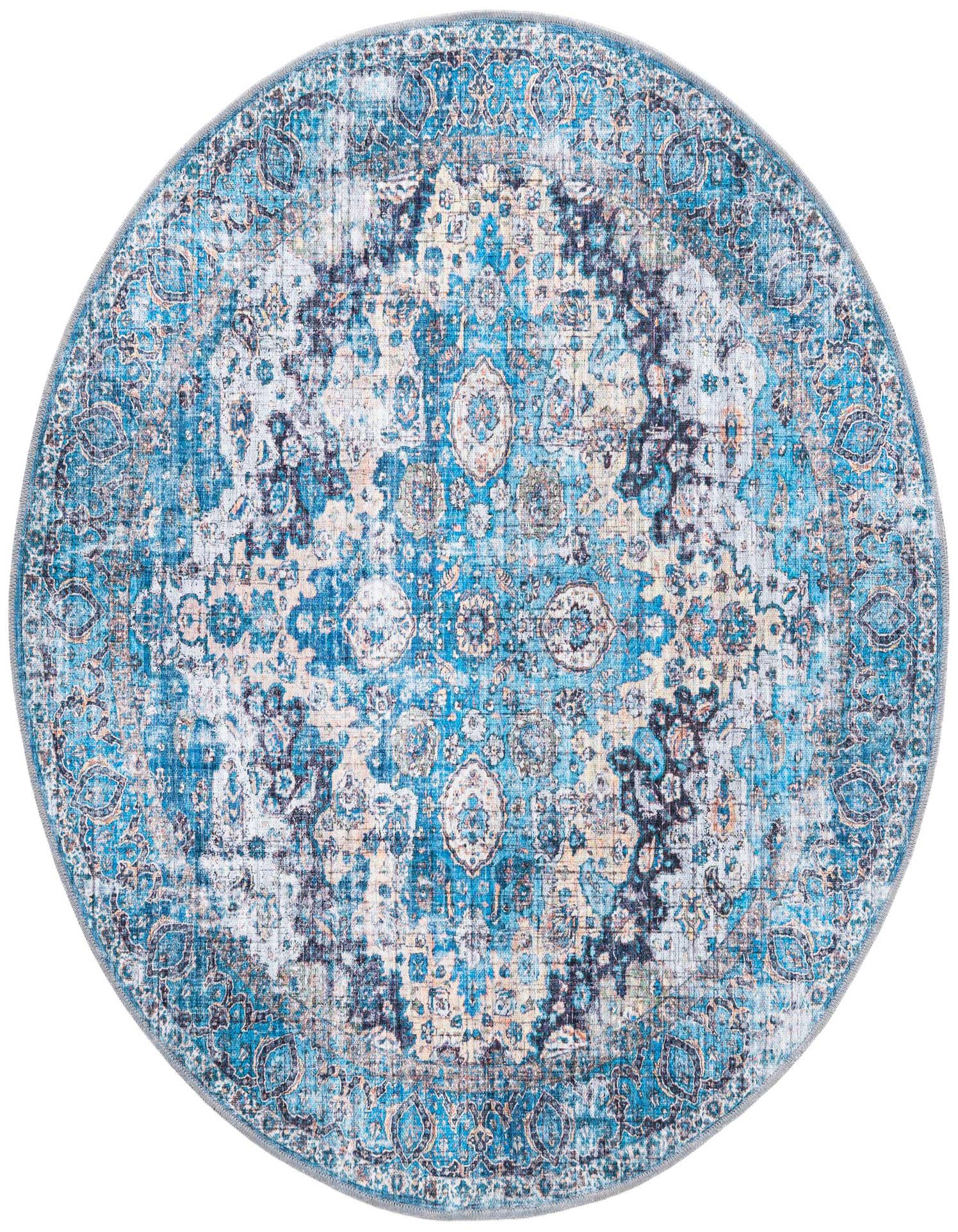 A 5' 3 round blue traditional rug with a distressed medallion pattern, suitable for a living room or patio.