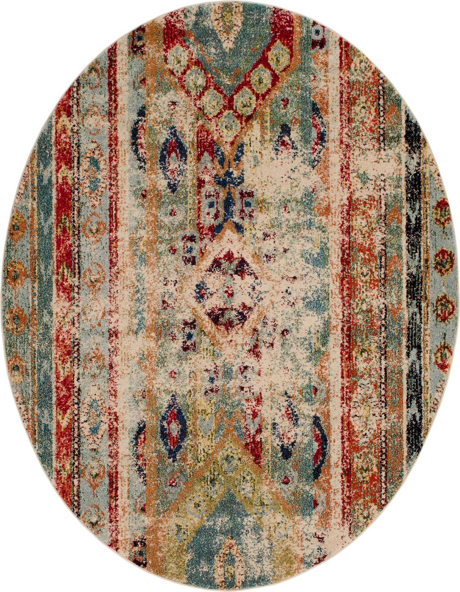 A 6' round blue bohemian rug with distressed red, orange, and teal tribal patterns, perfect for an indoor living space.