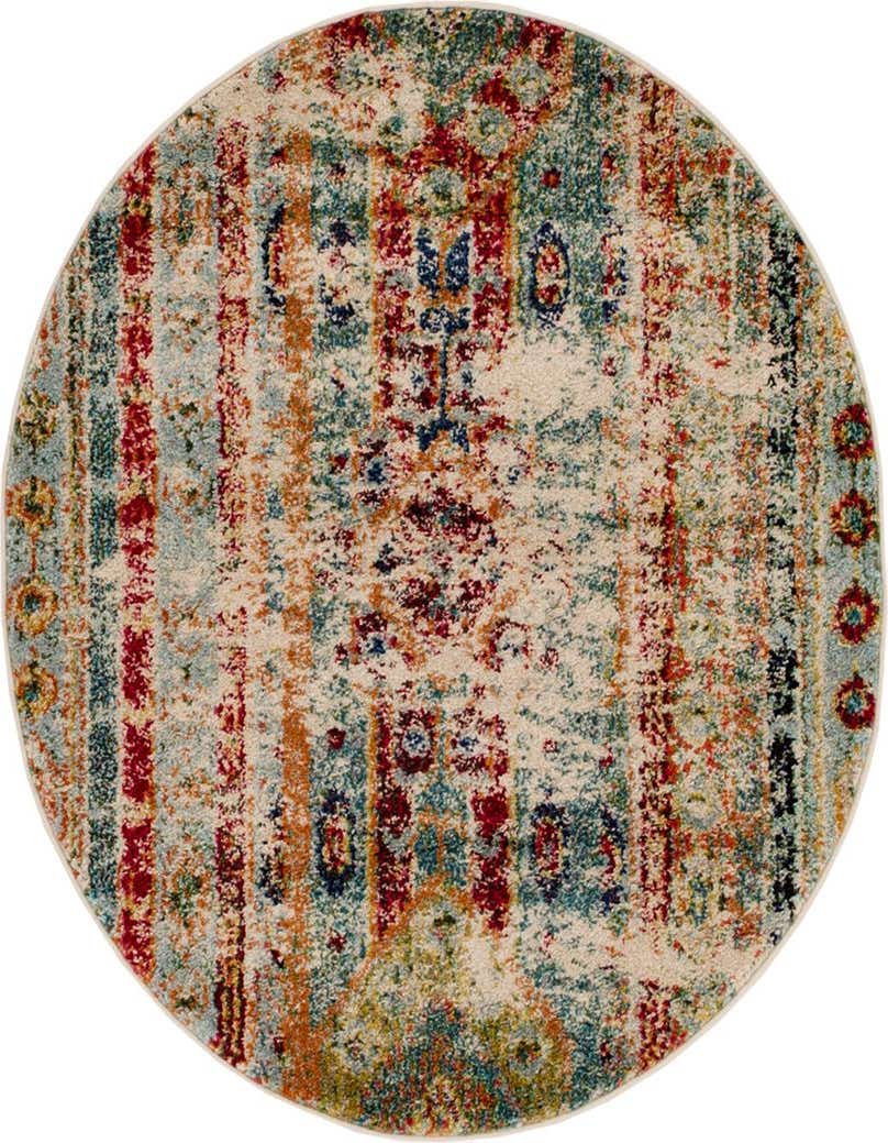 A 3' 3 x 3' 3 round Mesa rug featuring a distressed bohemian pattern with blues, reds, oranges, and creams.