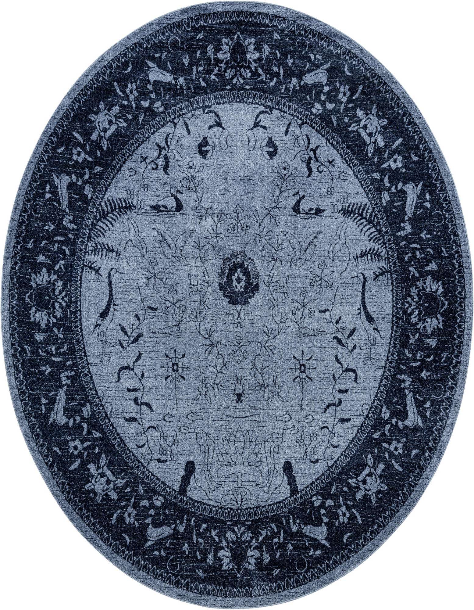 A round 7' 10" blue area rug with a detailed traditional botanical and bird pattern, featuring a darker blue border.