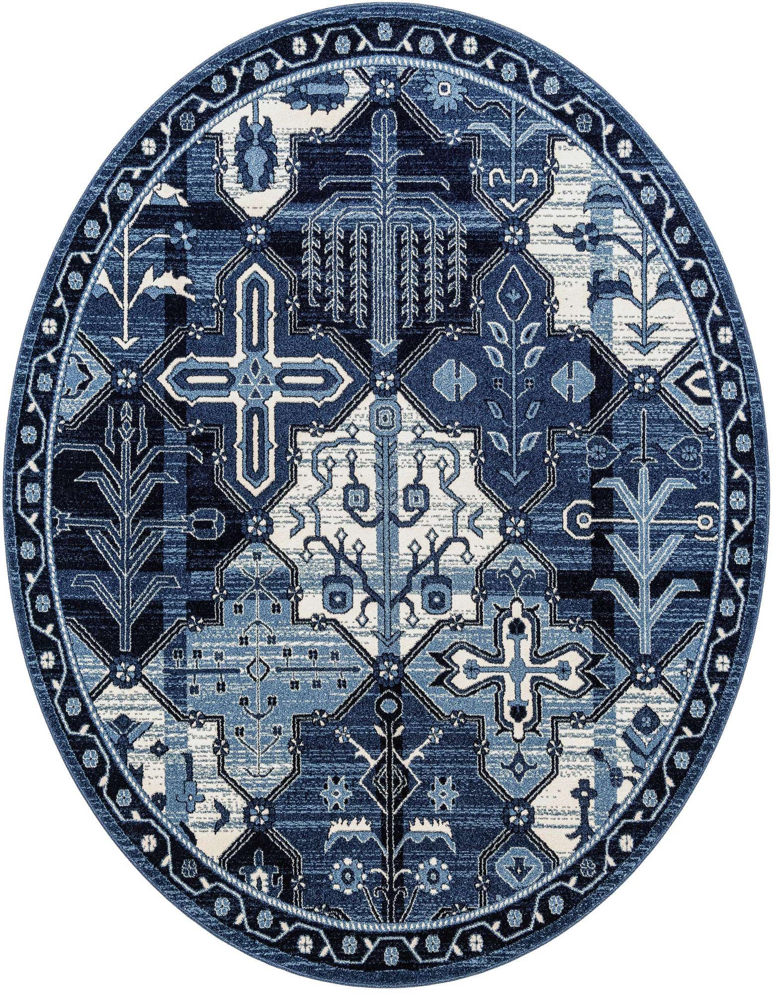 A 7'10" round blue area rug with a complex bohemian and traditional pattern featuring various shades of blue and white.