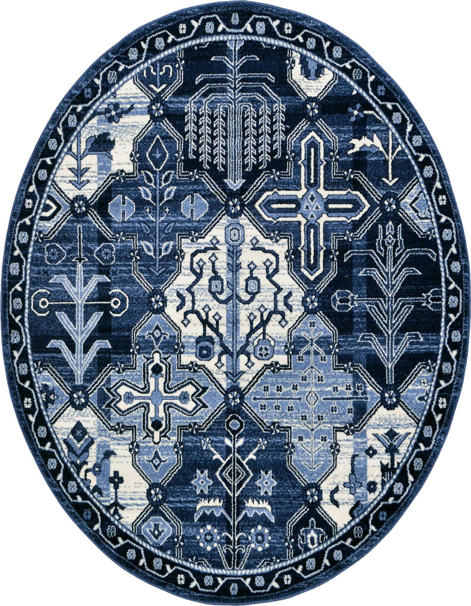 A round blue area rug with a detailed bohemian and traditional botanical pattern, featuring shades of dark blue, light blue, and cream.