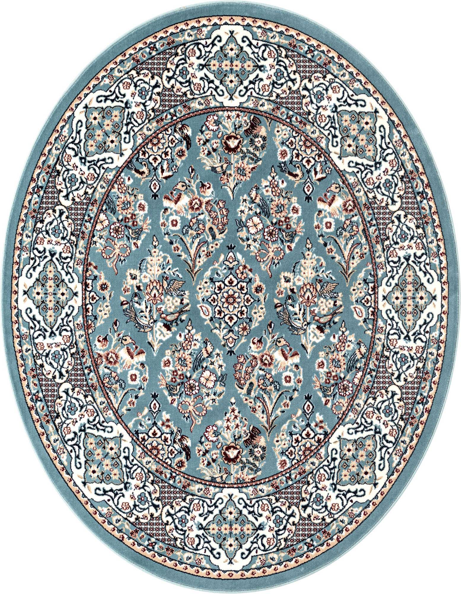 A 5'3" round blue traditional rug with an intricate botanical and oriental pattern in cream, gold, and red.