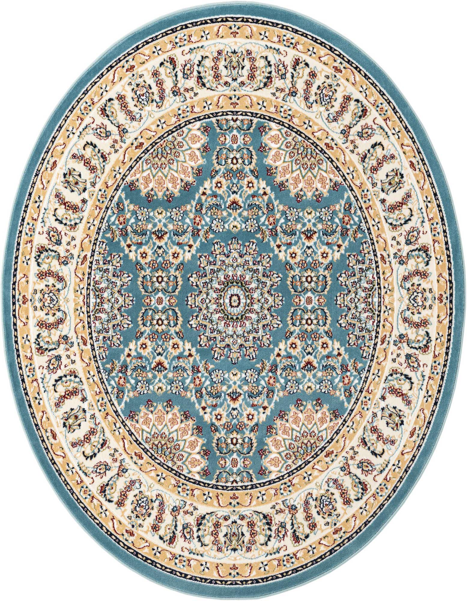 A 5' 3 round blue traditional rug with an ornate cream and gold medallion pattern, suitable for indoor spaces.