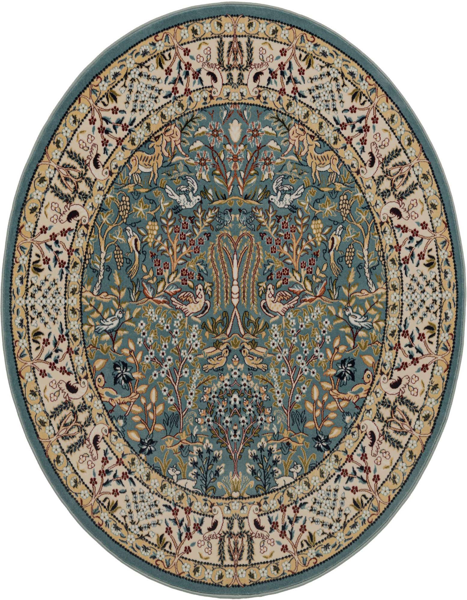 A 4' round blue oriental rug with a detailed floral and bird pattern, featuring a light border.