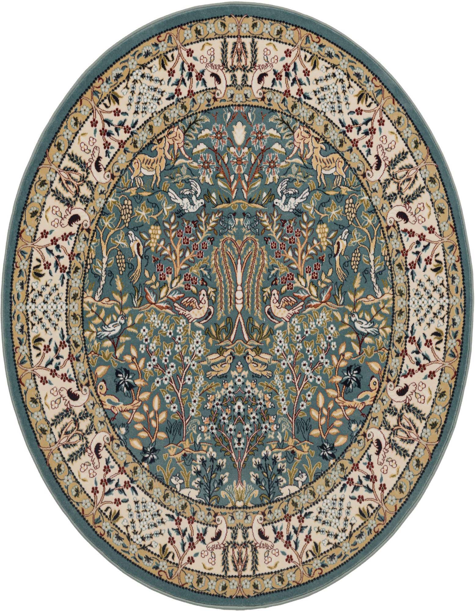 A round 3' blue traditional rug featuring an intricate floral and bird pattern with a cream border.