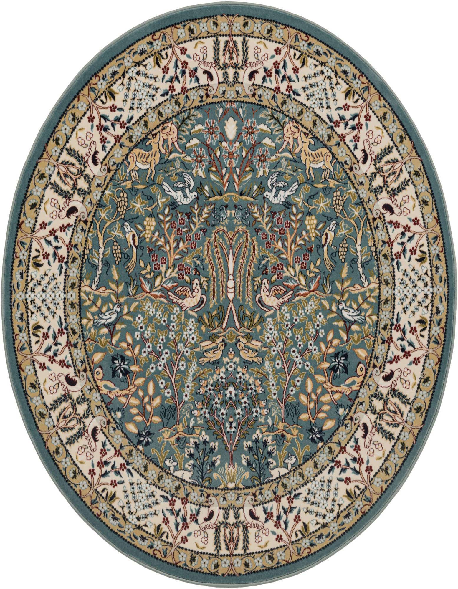 A round 6' 0 x 6' 0 blue traditional rug with an intricate floral and bird pattern, featuring a light border.