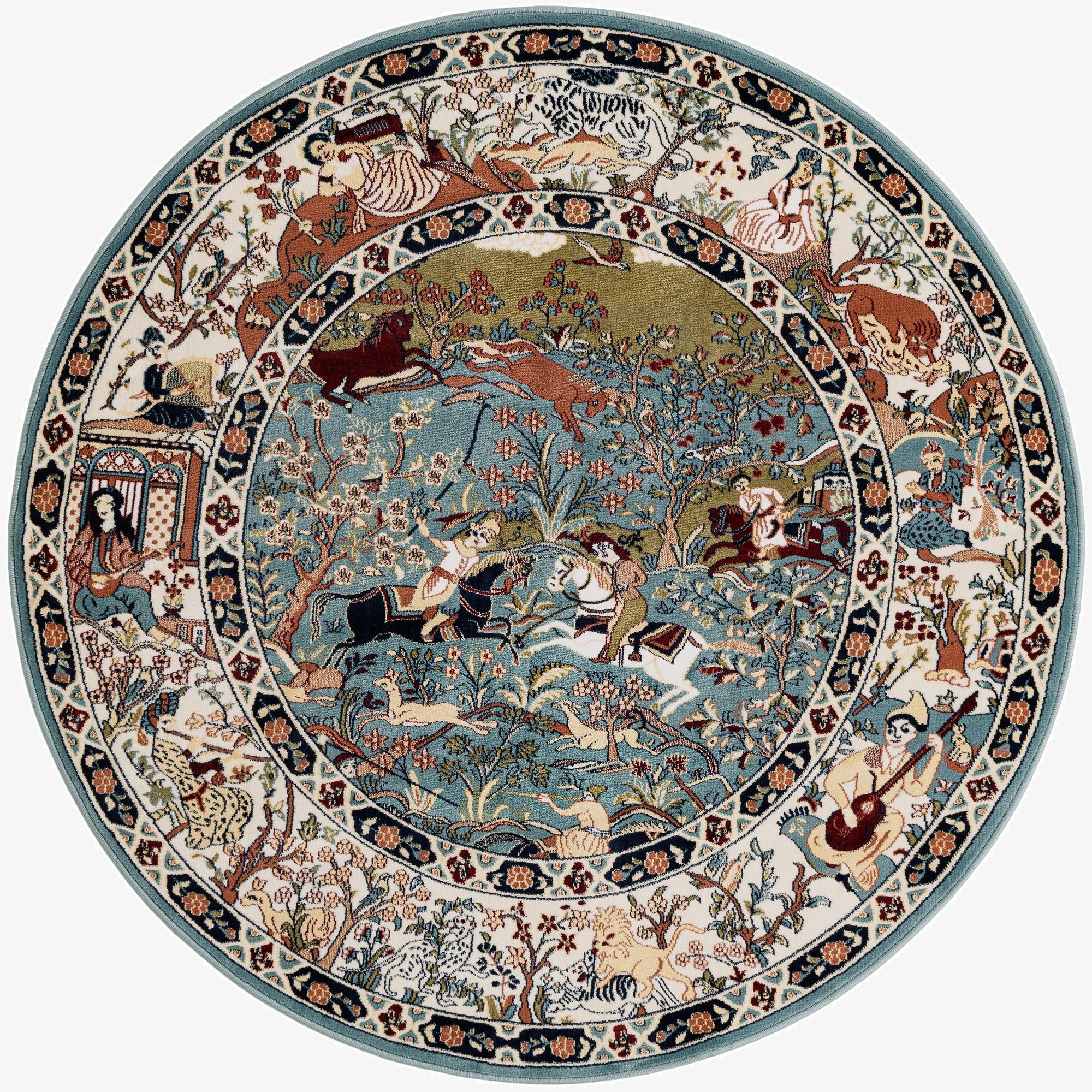A 5' 3 x 5' 3 round blue rug with a detailed traditional botanical and floral pattern depicting a hunting scene and figures.