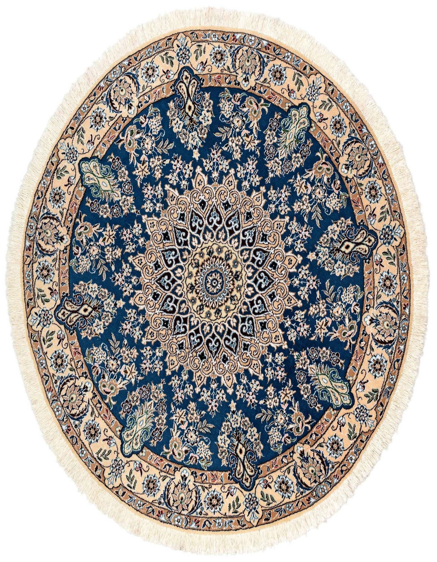 A round 4' 11 x 4' 11 Persian rug featuring a rich blue field with an intricate floral medallion and a cream border.