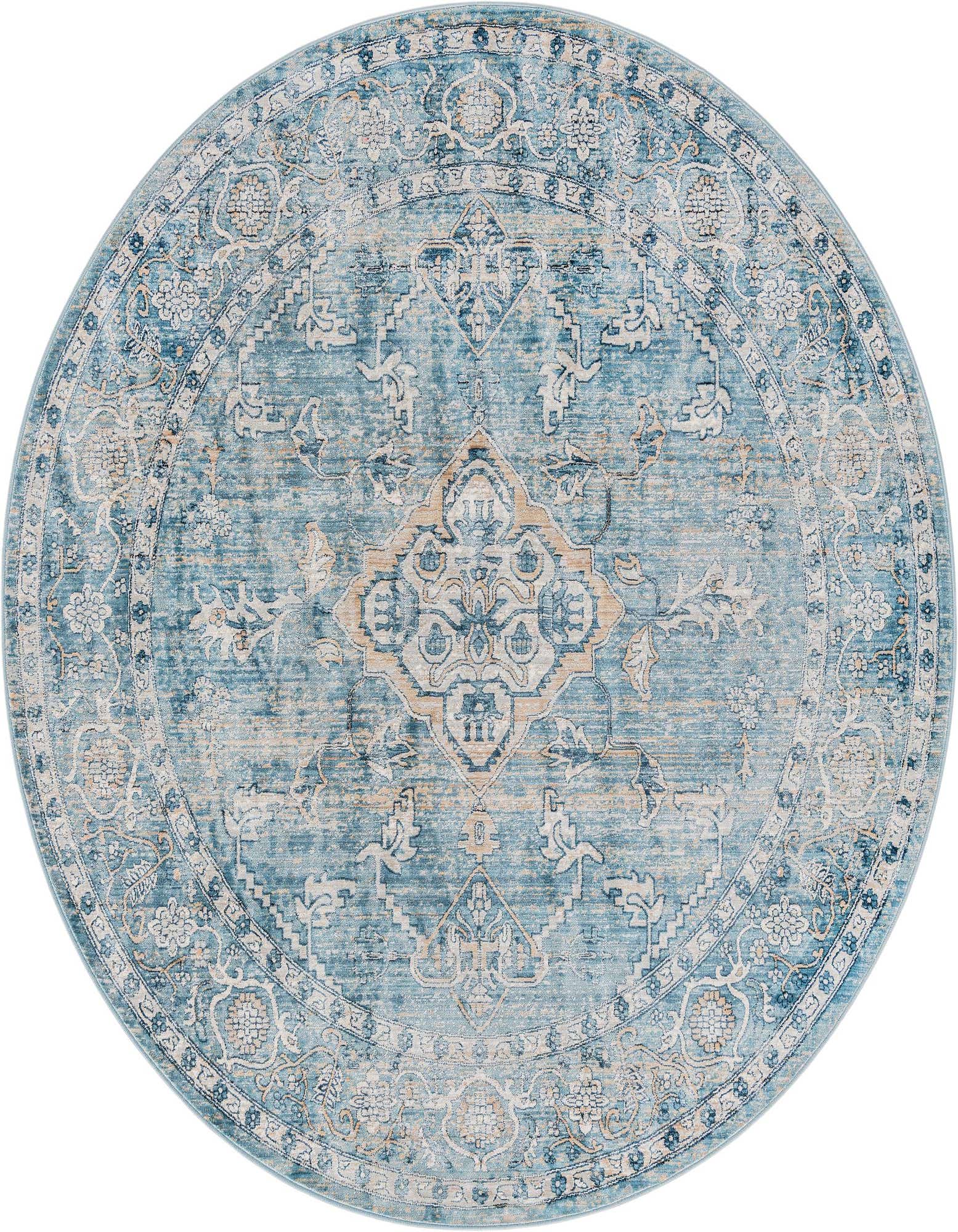 A 7' round blue traditional area rug with a vintage-inspired medallion and tribal patterns in cream and tan.