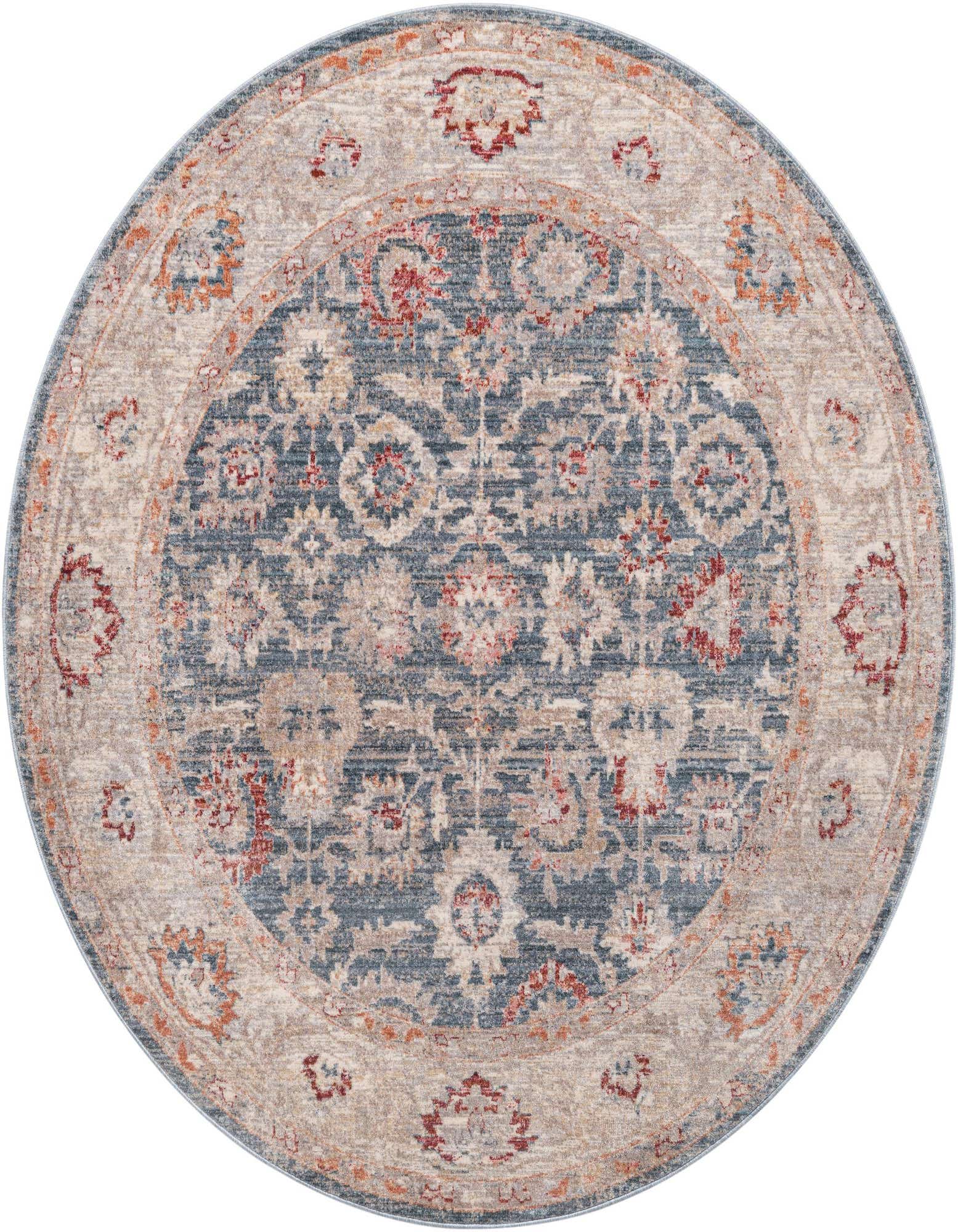 A 6' round blue traditional rug with a distressed medallion pattern and an ornate border in cream, red, and orange tones.