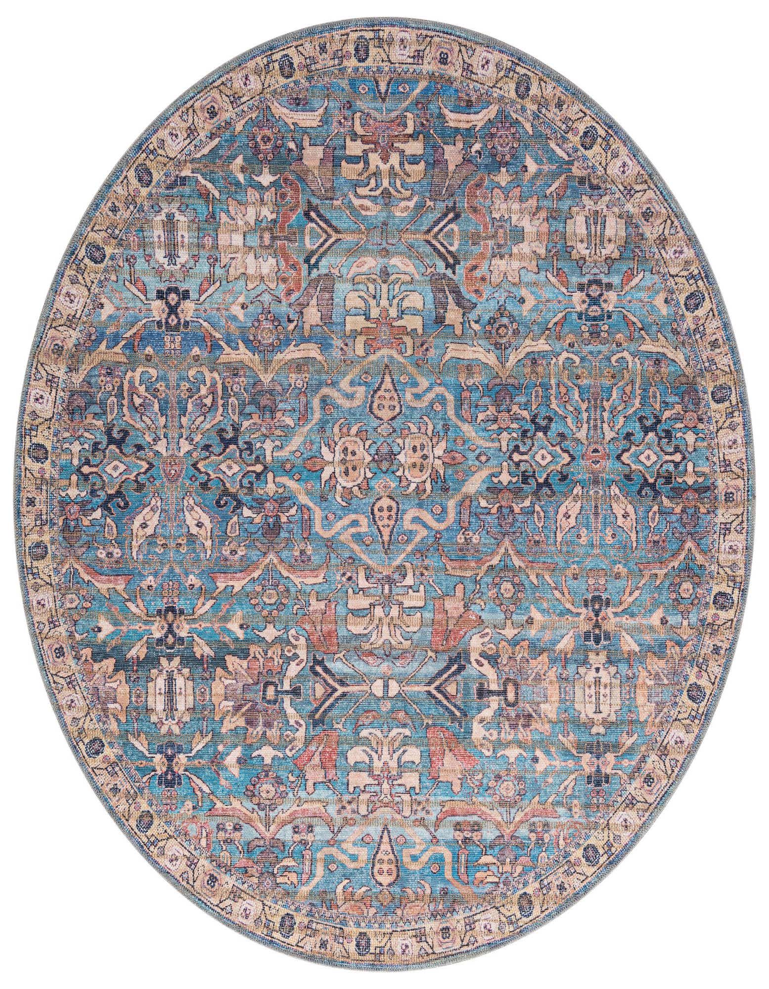 A 5' 3 round blue floral rug with intricate traditional patterns in shades of blue, beige, and terracotta.